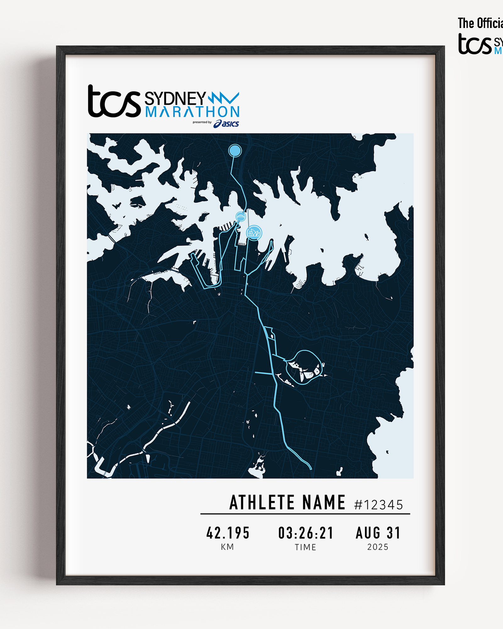 A framed custom print of the 2025 TCS Sydney Marathon. The print features a stylized dark blue race map with light blue water outlining the iconic Sydney Harbour. The marathon route is marked in white. Below the map, personalised details are shown including the athlete's name, race number, distance, finish time , and date. The official TCS Sydney Marathon logo appears at the side of the frame.