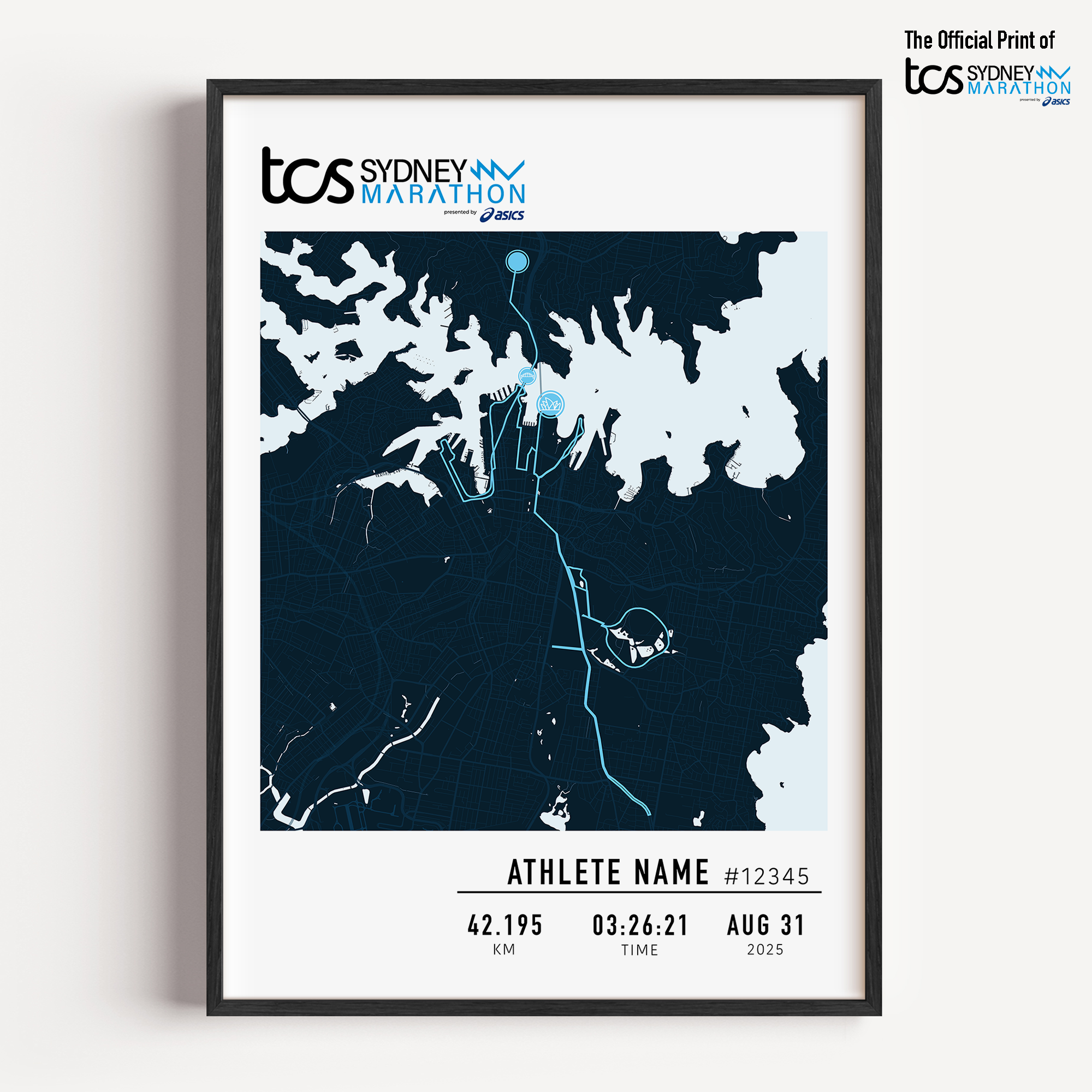 A framed custom print of the 2025 TCS Sydney Marathon. The print features a stylized dark blue race map with light blue water outlining the iconic Sydney Harbour. The marathon route is marked in white. Below the map, personalised details are shown including the athlete's name, race number, distance, finish time , and date. The official TCS Sydney Marathon logo appears at the side of the frame.