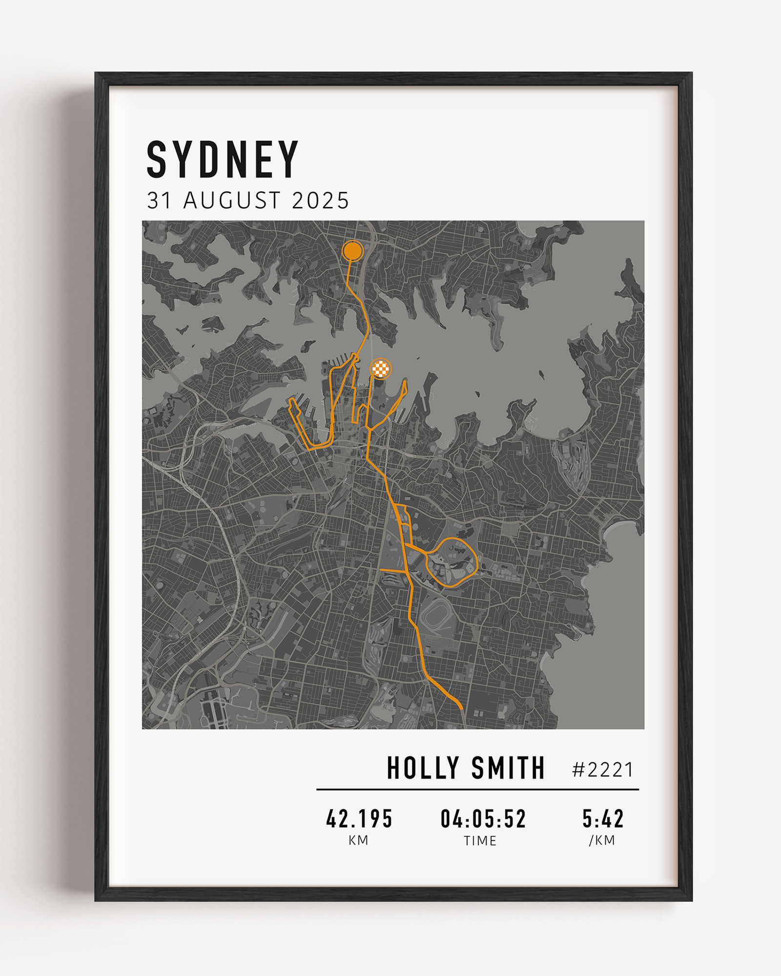 Custom Sydney Marathon map poster showcasing the iconic race route, personalised with GPX data.