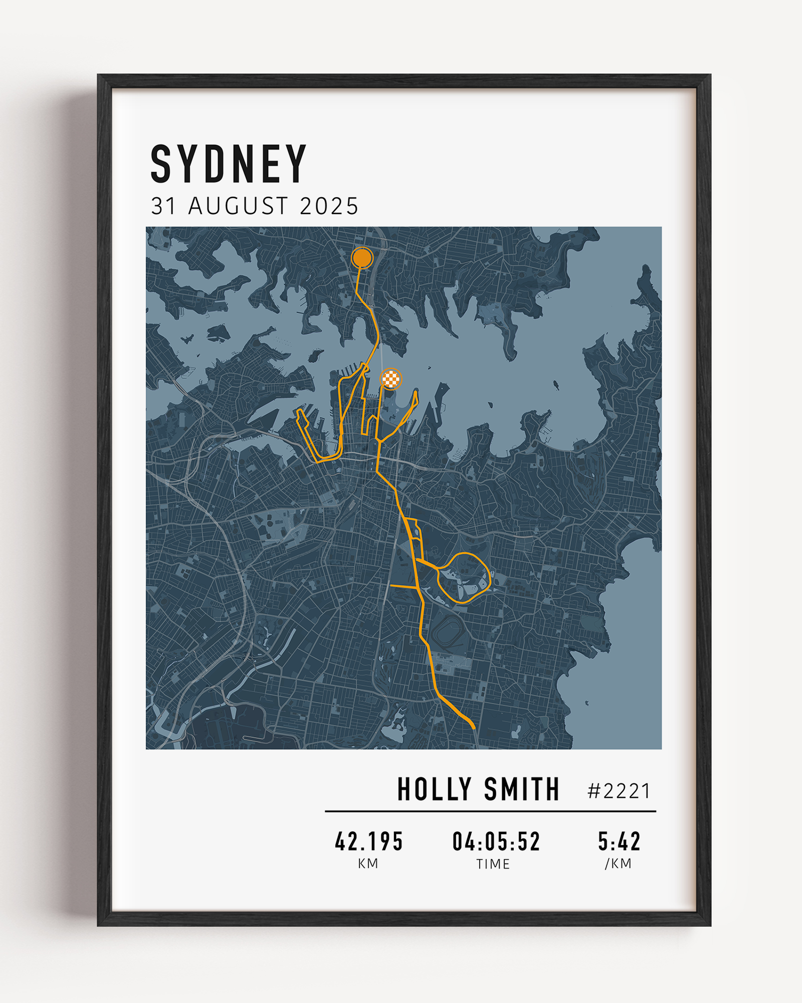 Custom Sydney Marathon map poster showcasing the iconic race route, personalised with GPX data.