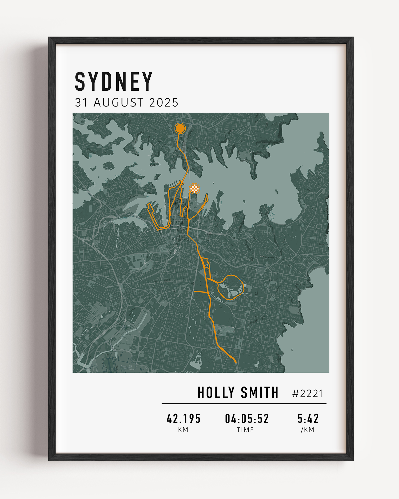 Custom Sydney Marathon map poster showcasing the iconic race route, personalised with GPX data.