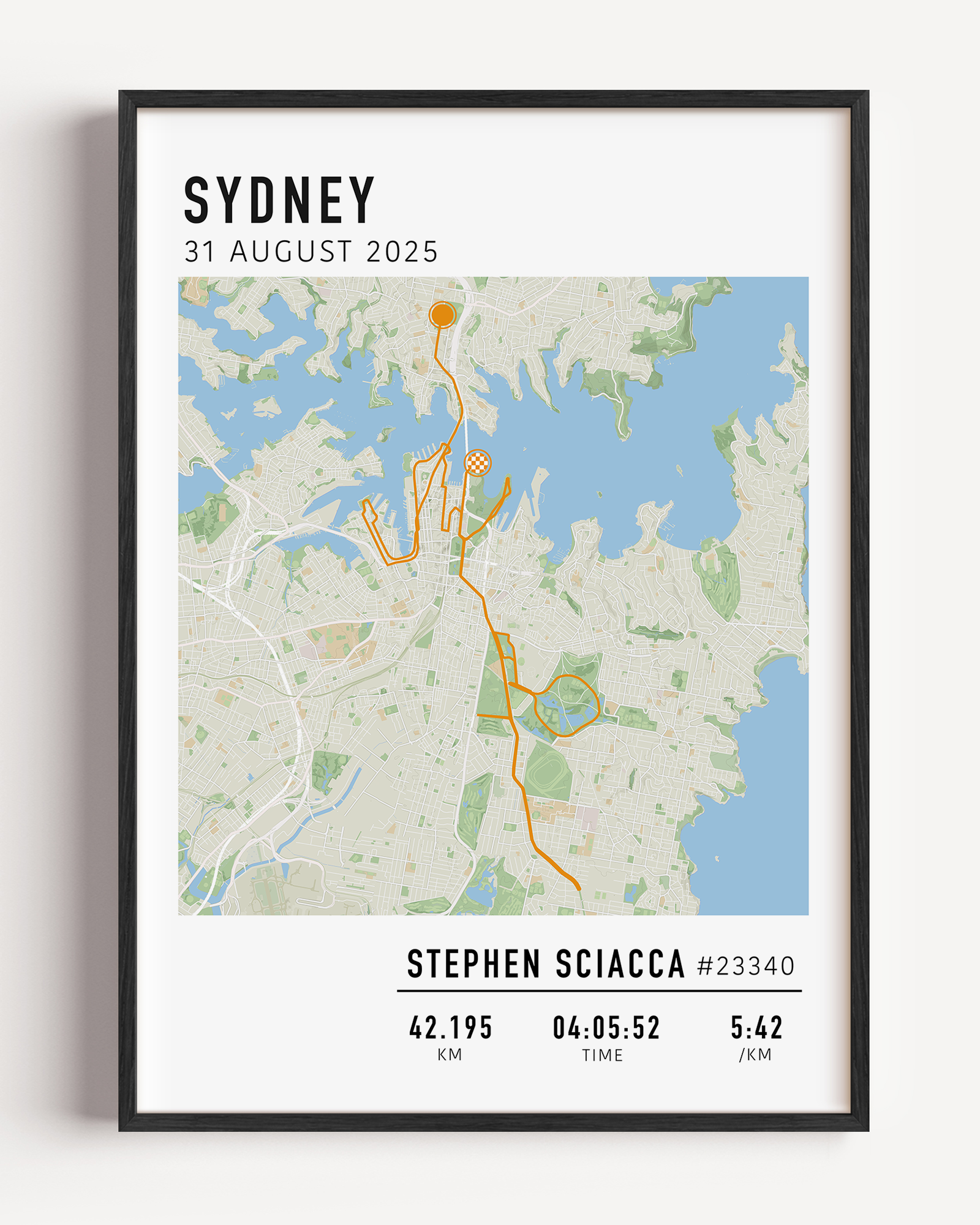 Custom Sydney Marathon map poster showcasing the iconic race route, personalised with GPX data.