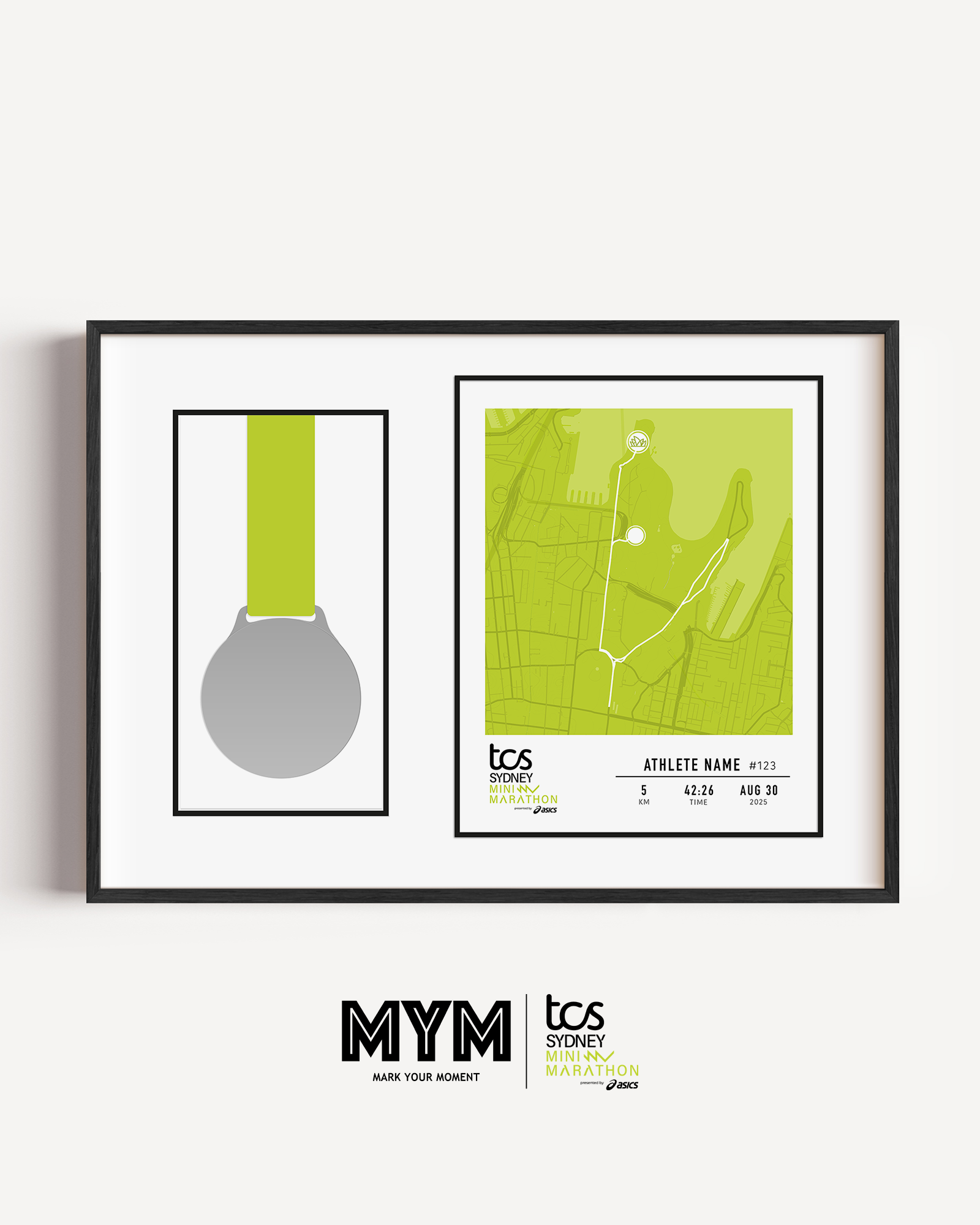 Framed Sydney Mini Marathon display featuring the official mini marathon medal mounted alongside a custom-printed route map of the course through Sydney. The print includes the runner's name, finish time, bib number, race date, and personalized statistics. Clean, modern black frame with white matting enhances the commemorative design.
