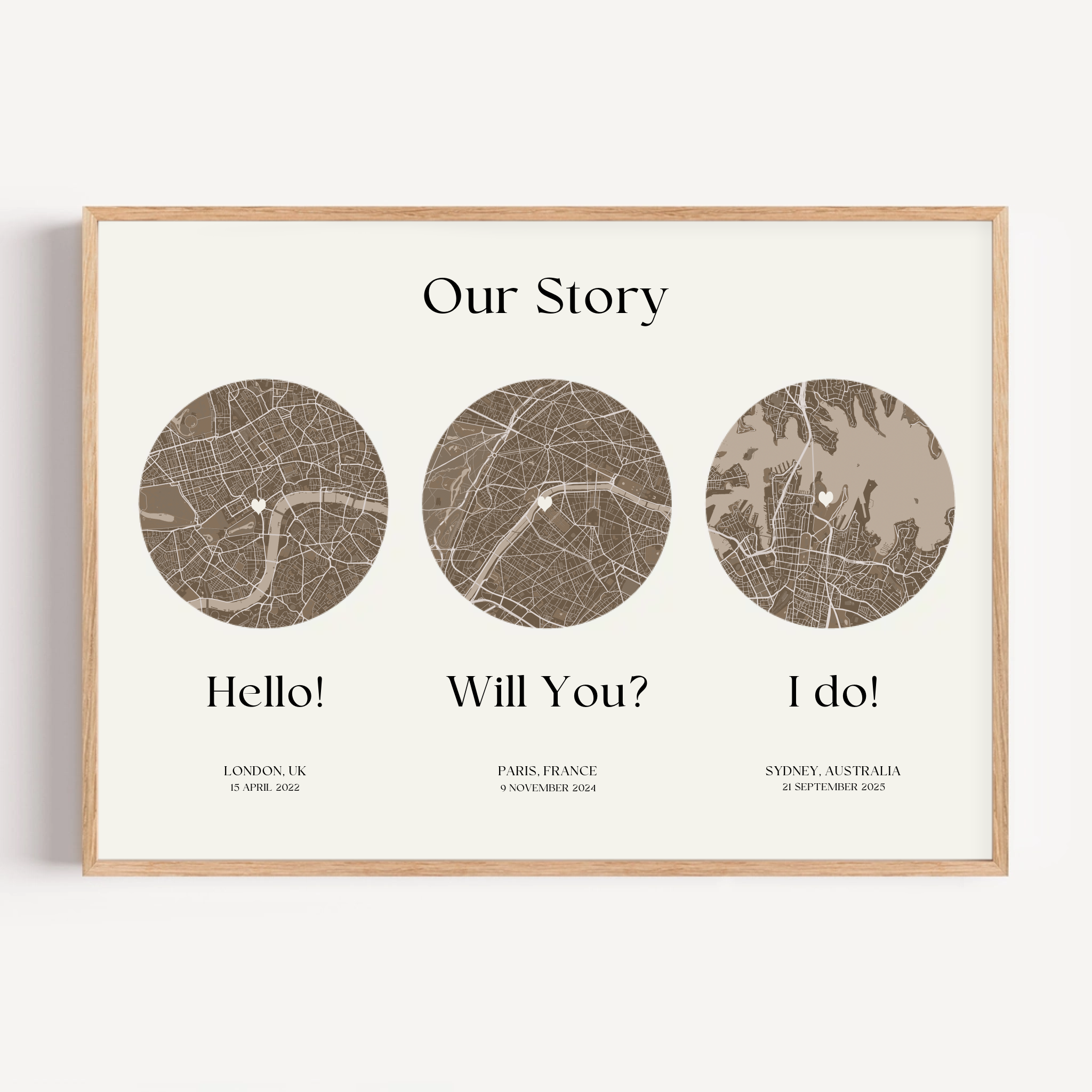 Romantic personalised couple print highlighting engagement and wedding locations, a thoughtful keepsake gift.