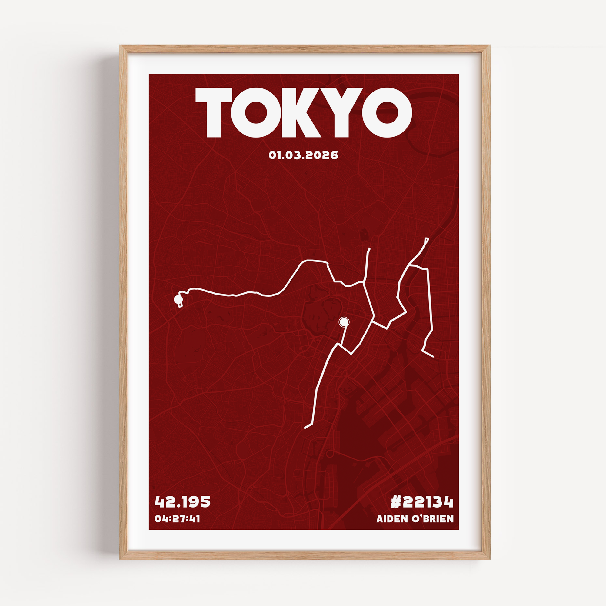 A personalised tokyo marathon map poster from the Urban range, featuring a detailed city grid and a specific race route. The design includes a bold city name at the top and customisable runner data such as name, time, and distance at the bottom.
