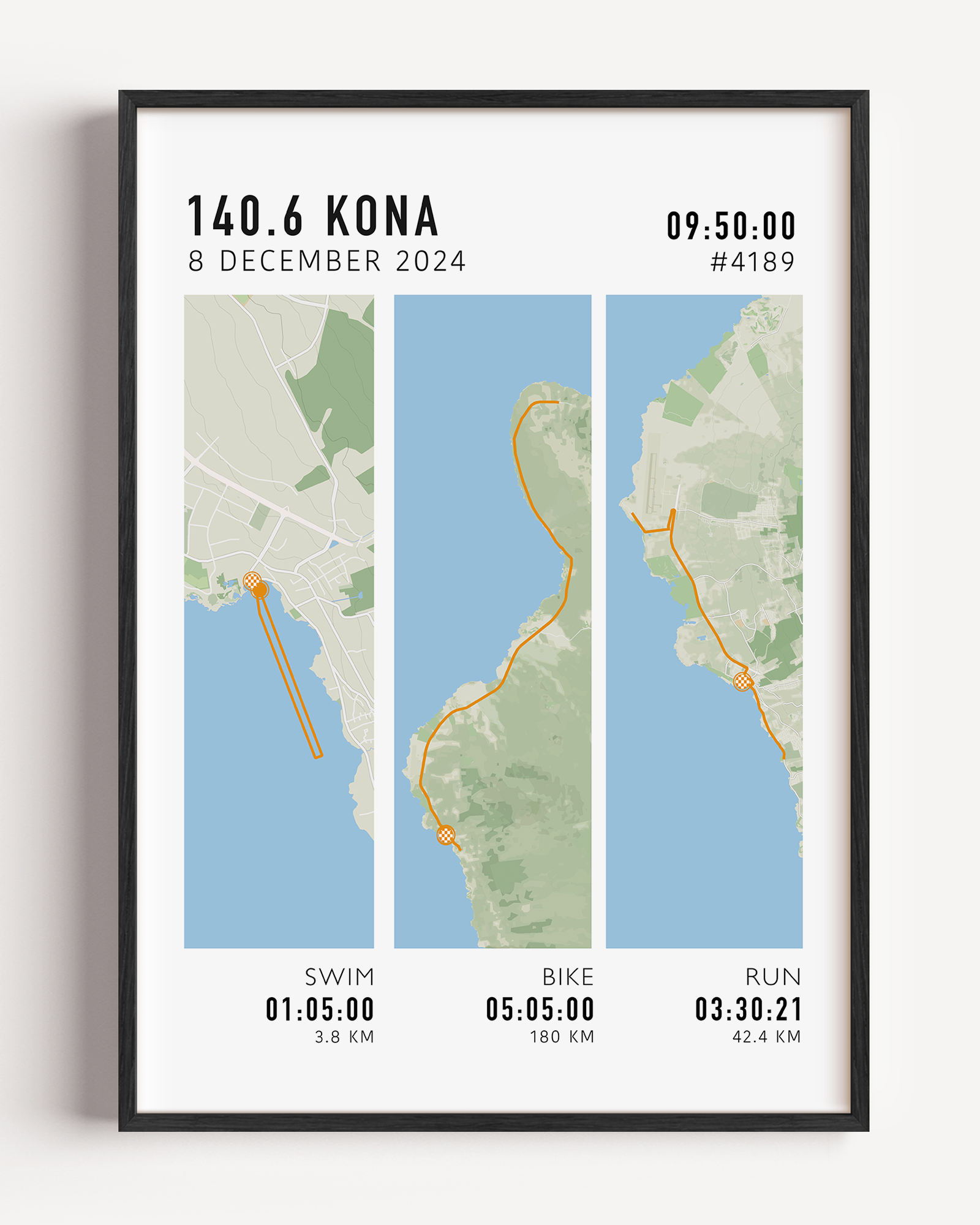 Framed triathlon wall art featuring detailed race route and personalised event information