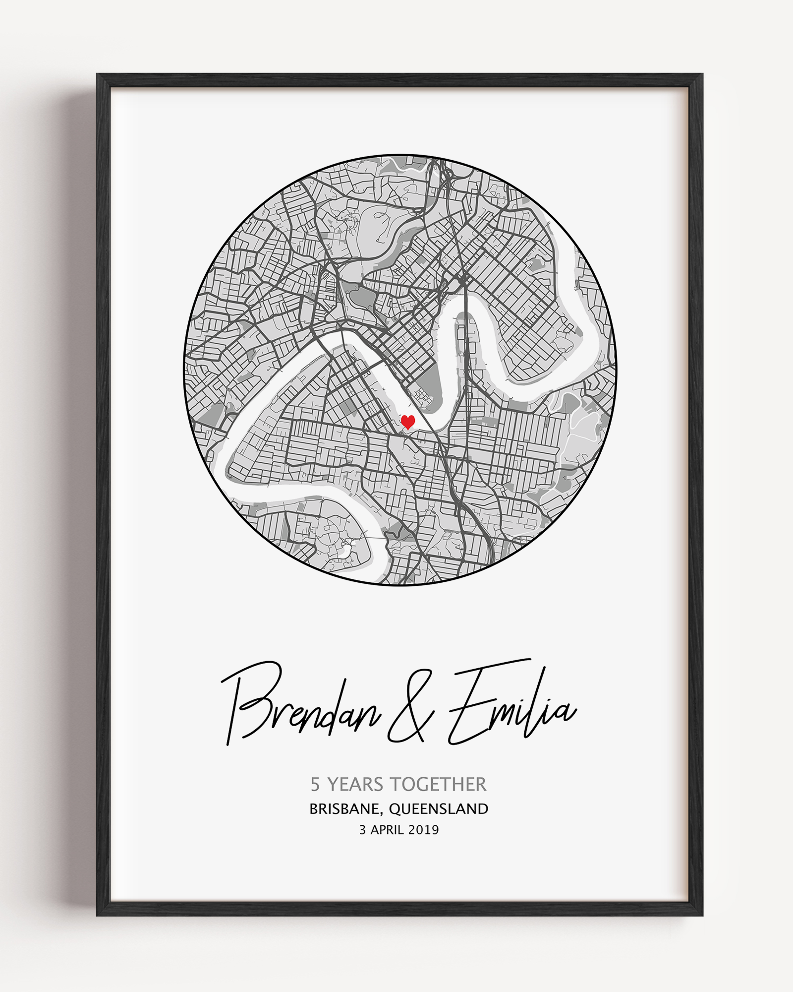 A framed custom map print that shows the Mark Your Moment anniversary map gift. The design is purchased as a personalized gift as it’s unique to your date and location.