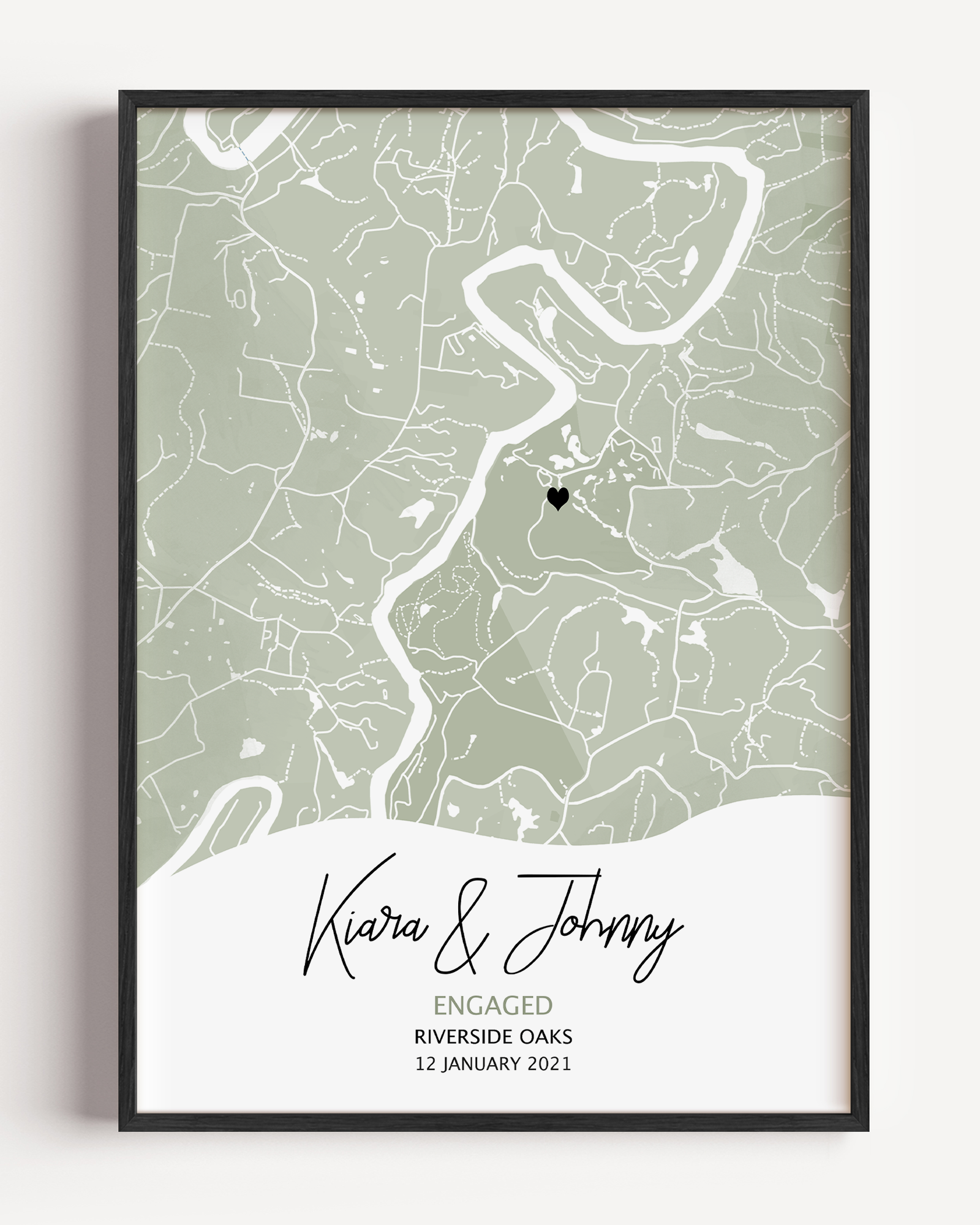 Modern pastel colour map print with light grey streets and a red heart marking a special location, customized with couple’s names and engagement date in elegant script below.