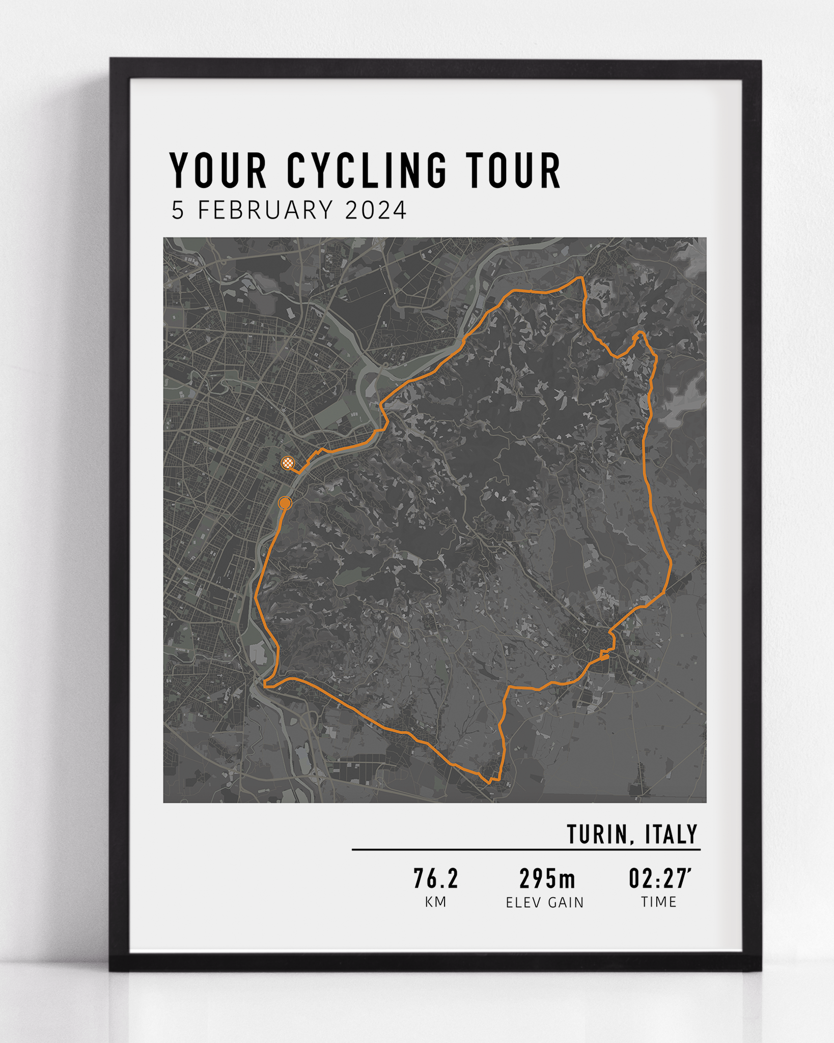 Custom cycling route print featuring a minimalist line map of a bike ride, personalized with route data uploaded by the rider, including distance, date, and location.