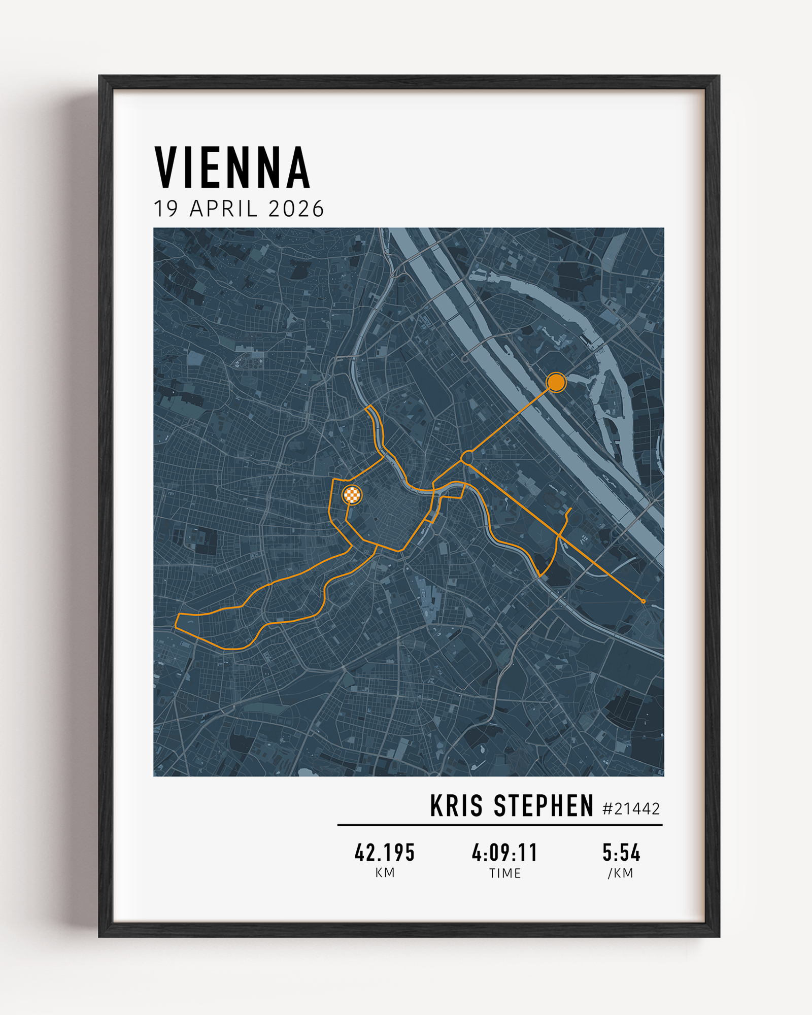 Classic Vienna City Marathon 2026 route map print featuring race distance, time and pace in a minimalist framed design.