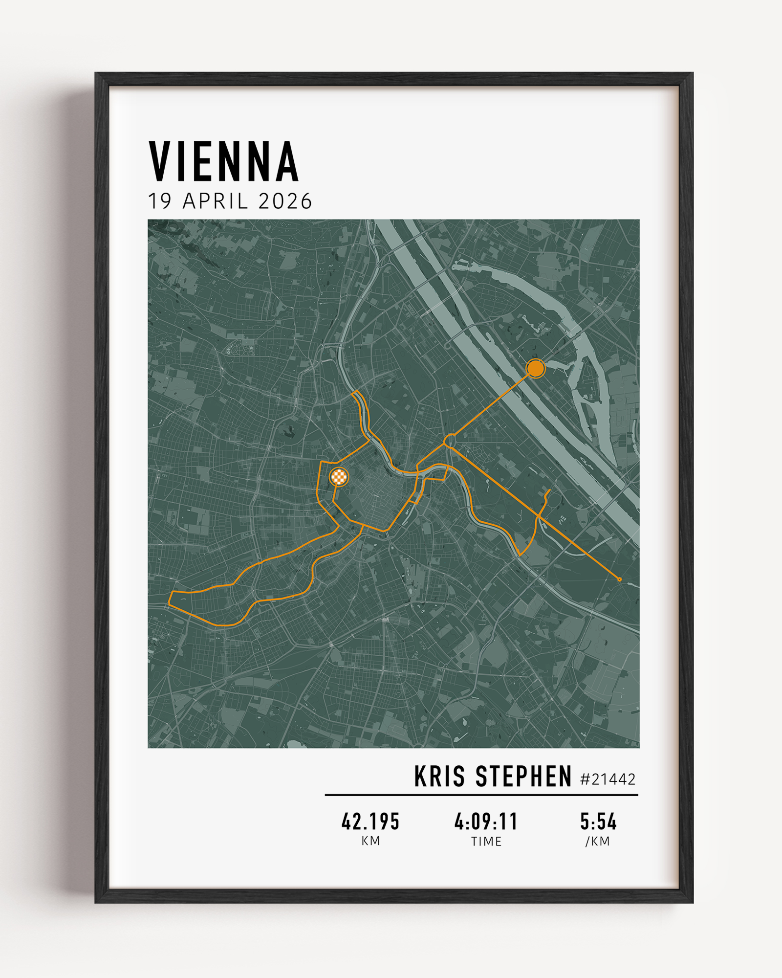 Modern classic marathon print of Vienna City Marathon with highlighted race route and custom runner stats in a framed artwork.