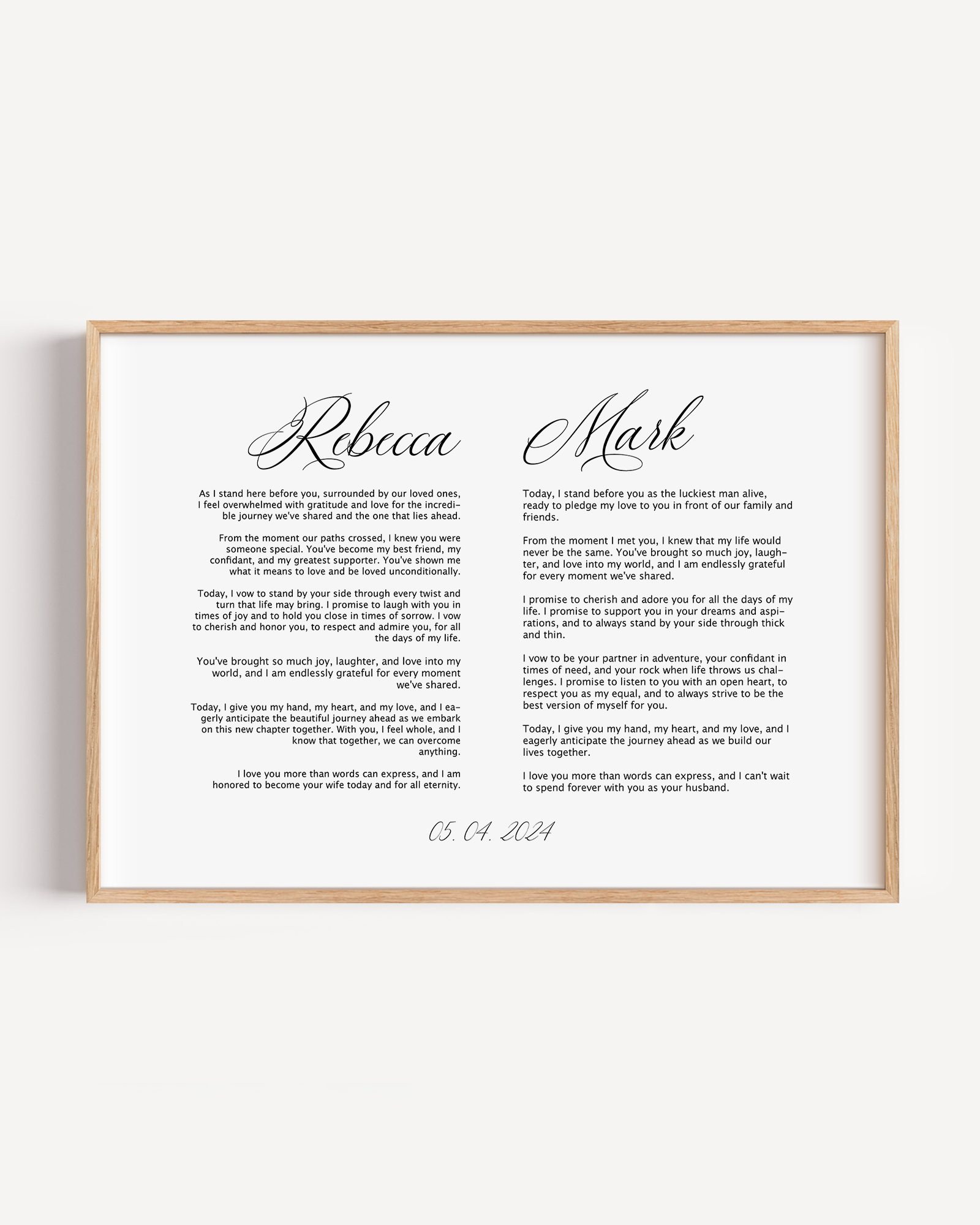 framed wedding vow print, personalized with custom vows and names, displayed in an elegant minimalist frame