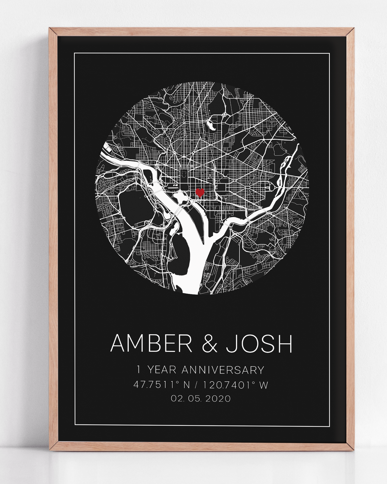 A framed print of a custom 1 year anniversary gift. This custom map print shows the circle anniversary map. The design is unique to your date, location and is purchased as a personalized gift.