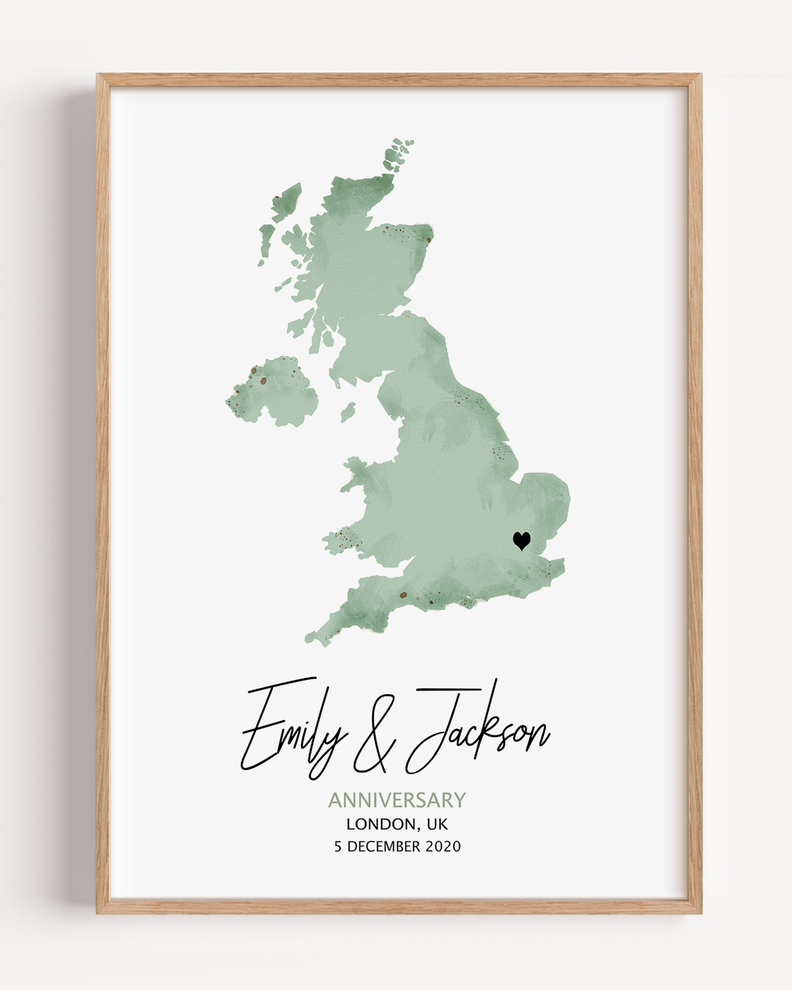 Custom watercolor map print showcasing a softly blended, artistic map of a chosen location, personalized with coordinates, names, and a special date.