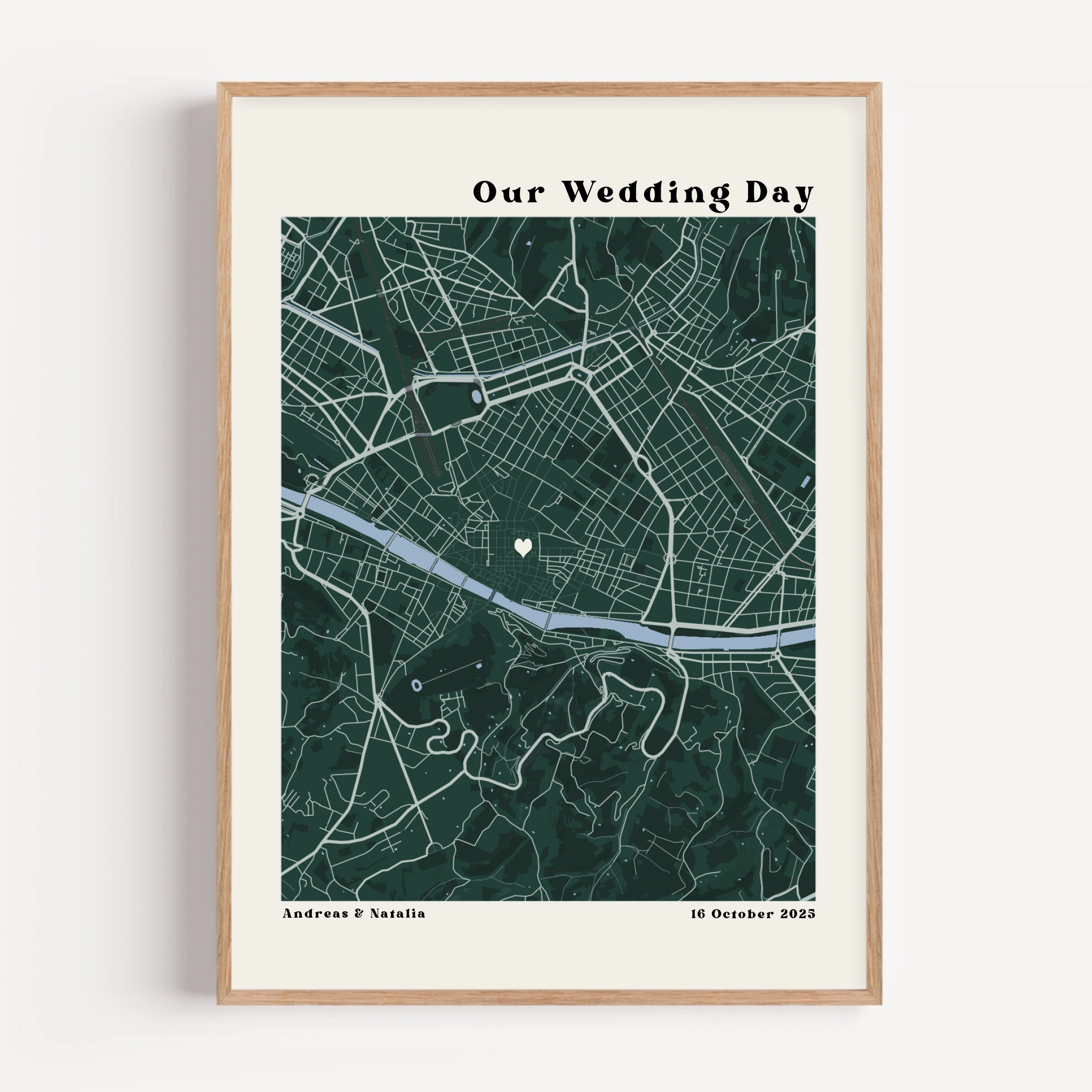 Personalized wedding map print showing custom venue location with names and wedding date in elegant minimalist design