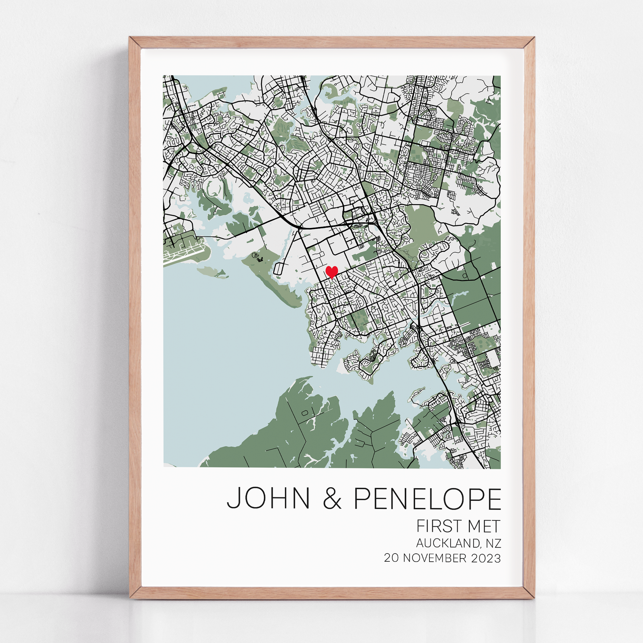 Custom 'First Met' gift print with location, date, and personal details of the couple.