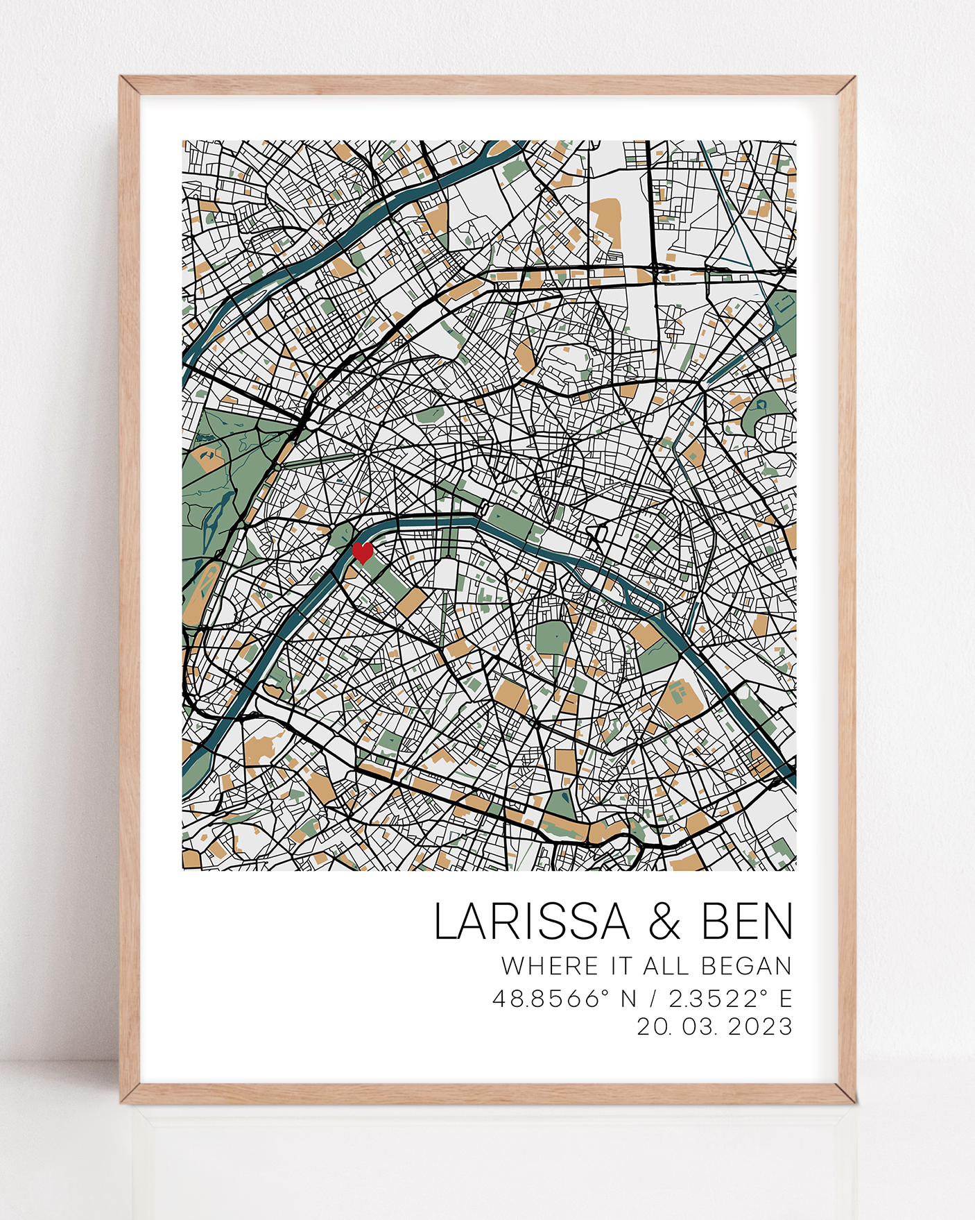Custom 'First Met' gift print with location, date, and personal details of the couple.