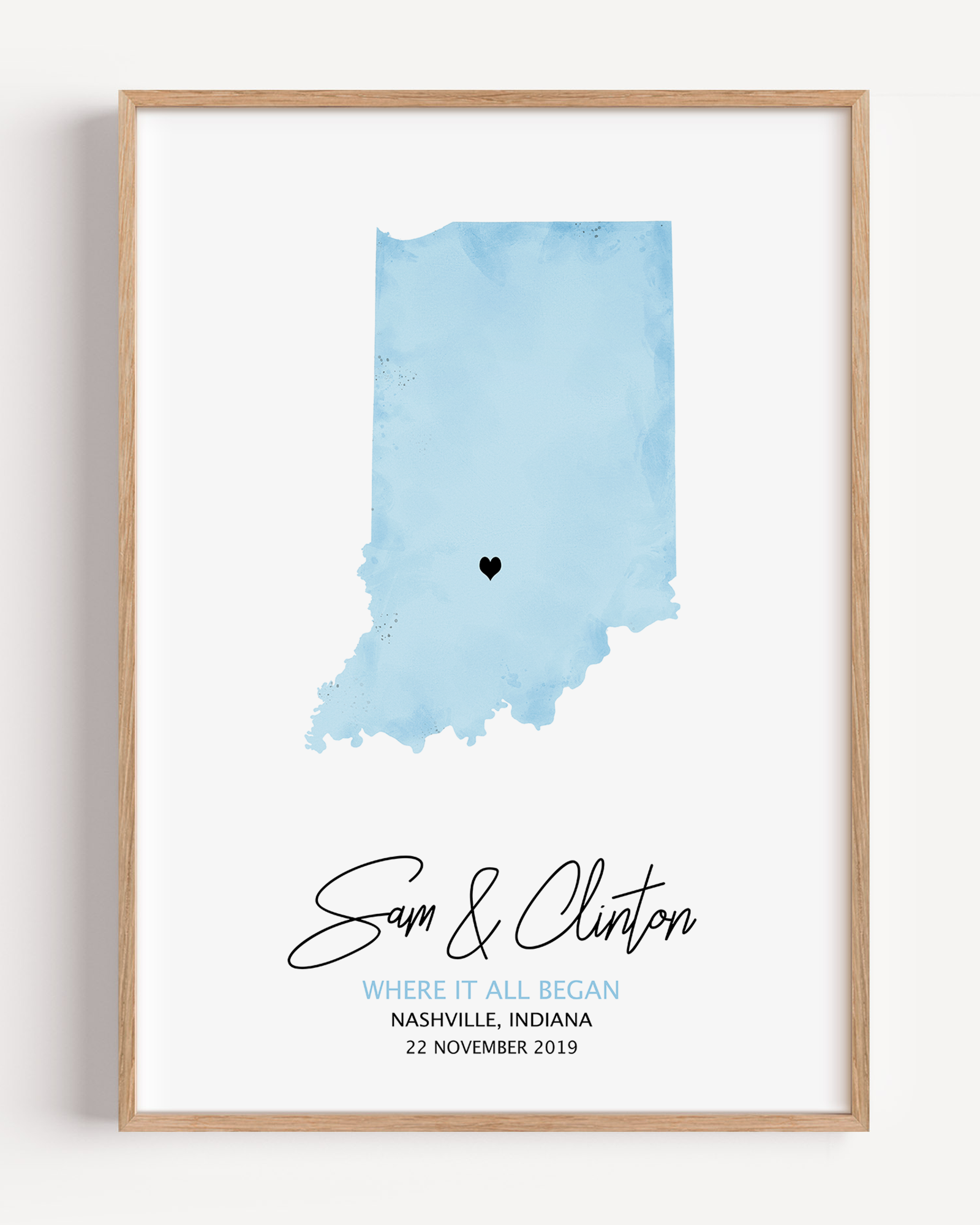 Framed custom watercolor map print of the location where a couple first met, personalized with names and date – sentimental artwork gift.