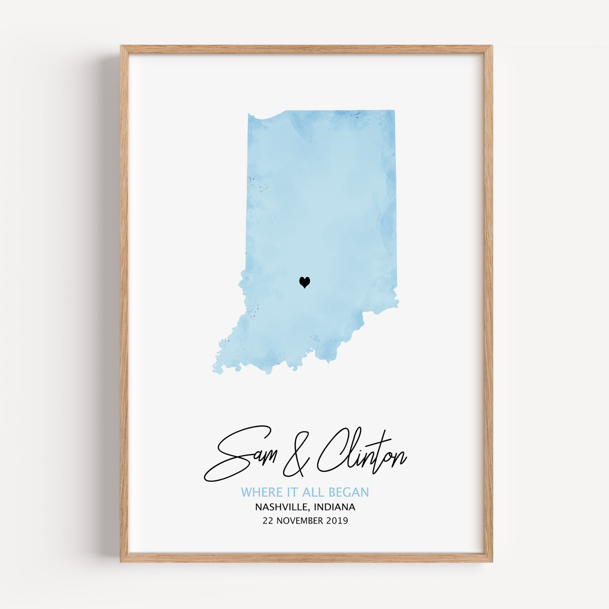 Framed custom watercolor map print of the location where a couple first met, personalized with names and date – sentimental artwork gift.