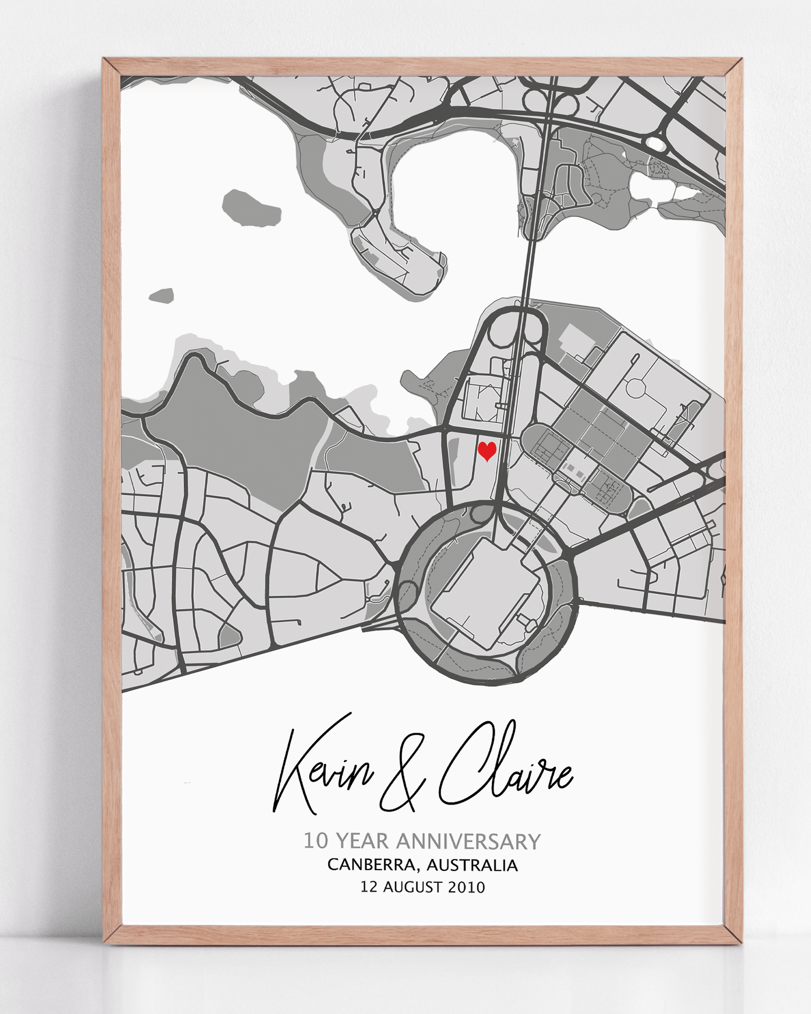 10 year anniversary gift with framed custom map