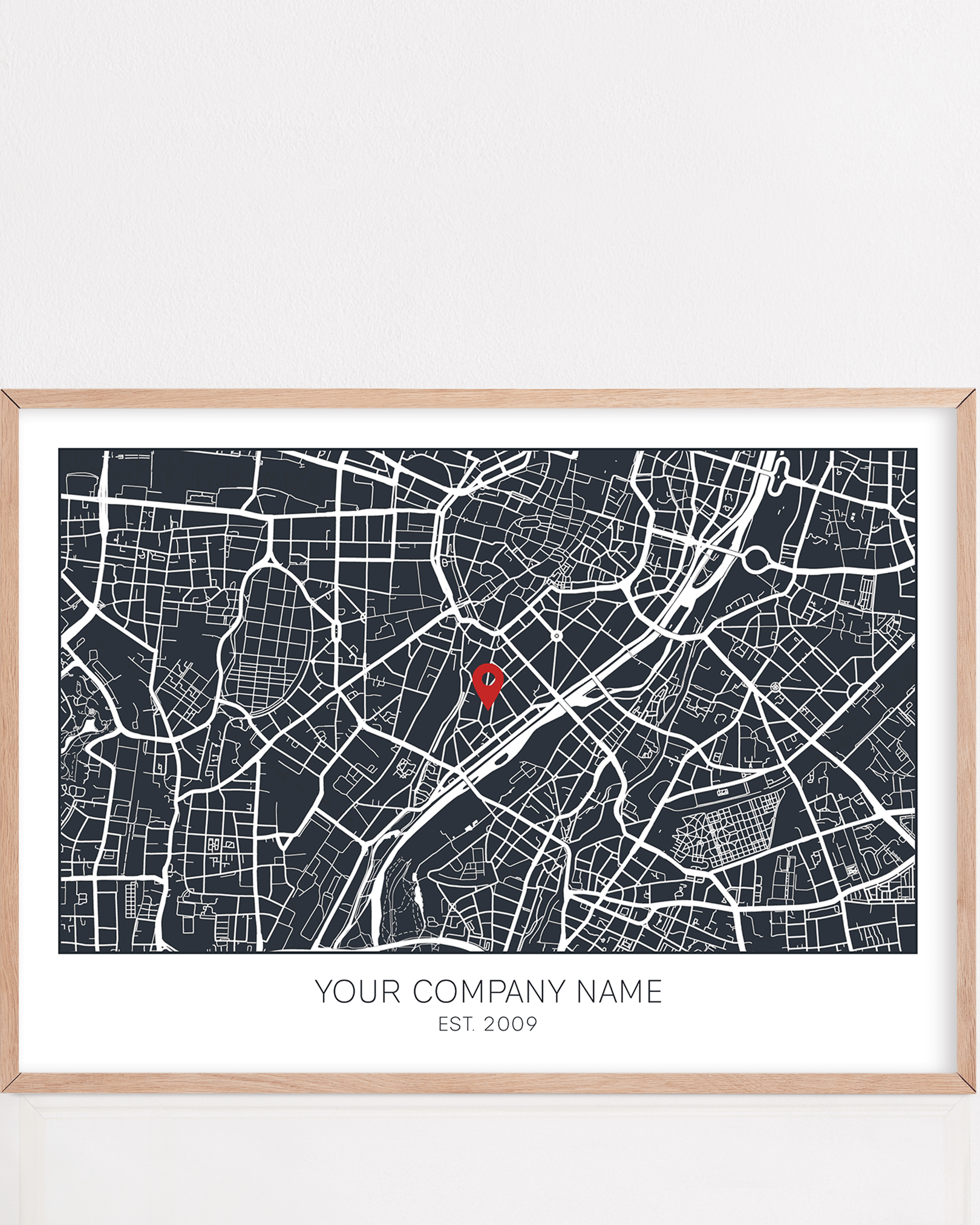 Custom framed artwork celebrating a company’s location anniversary—featuring personalized design elements to mark the milestone and honor the business’s journey.