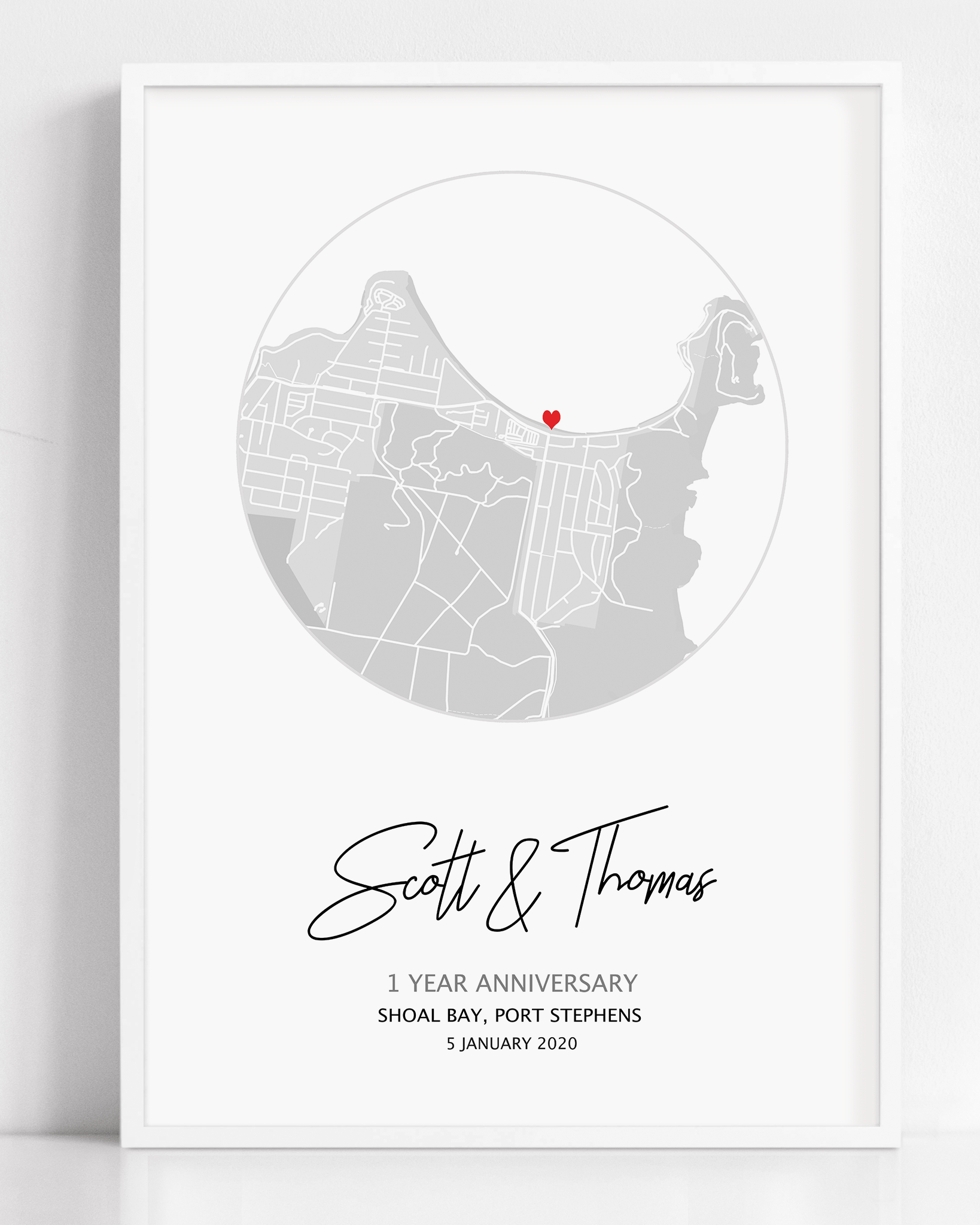 A framed print of a custom map print that shows the Mark Your Moment anniversary map gift. The design is unique to your date, location and is purchased as a personalized gift.