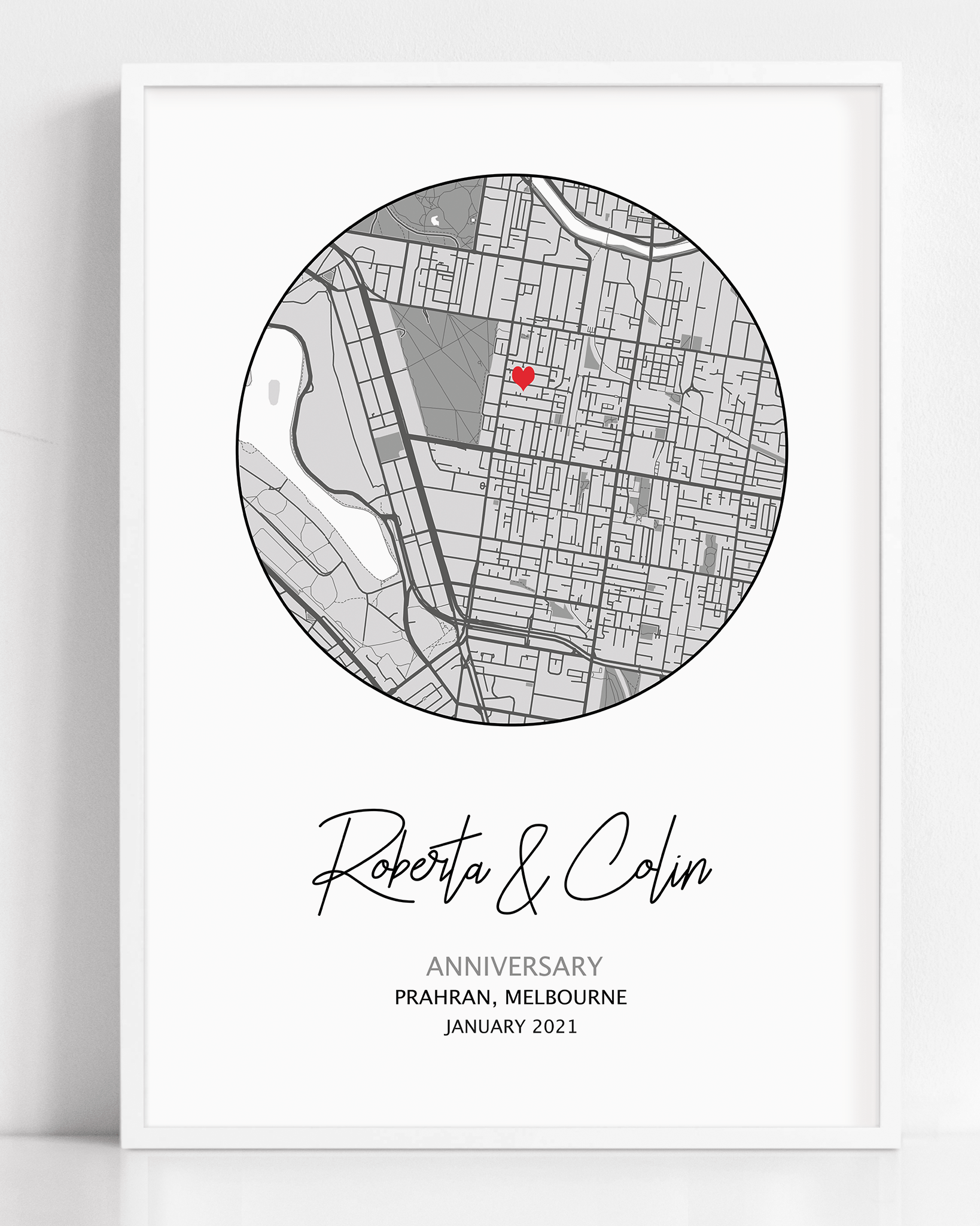 A framed custom map print that shows the Mark Your Moment anniversary map gift. The design is purchased as a personalized gift as it’s unique to your date and location.