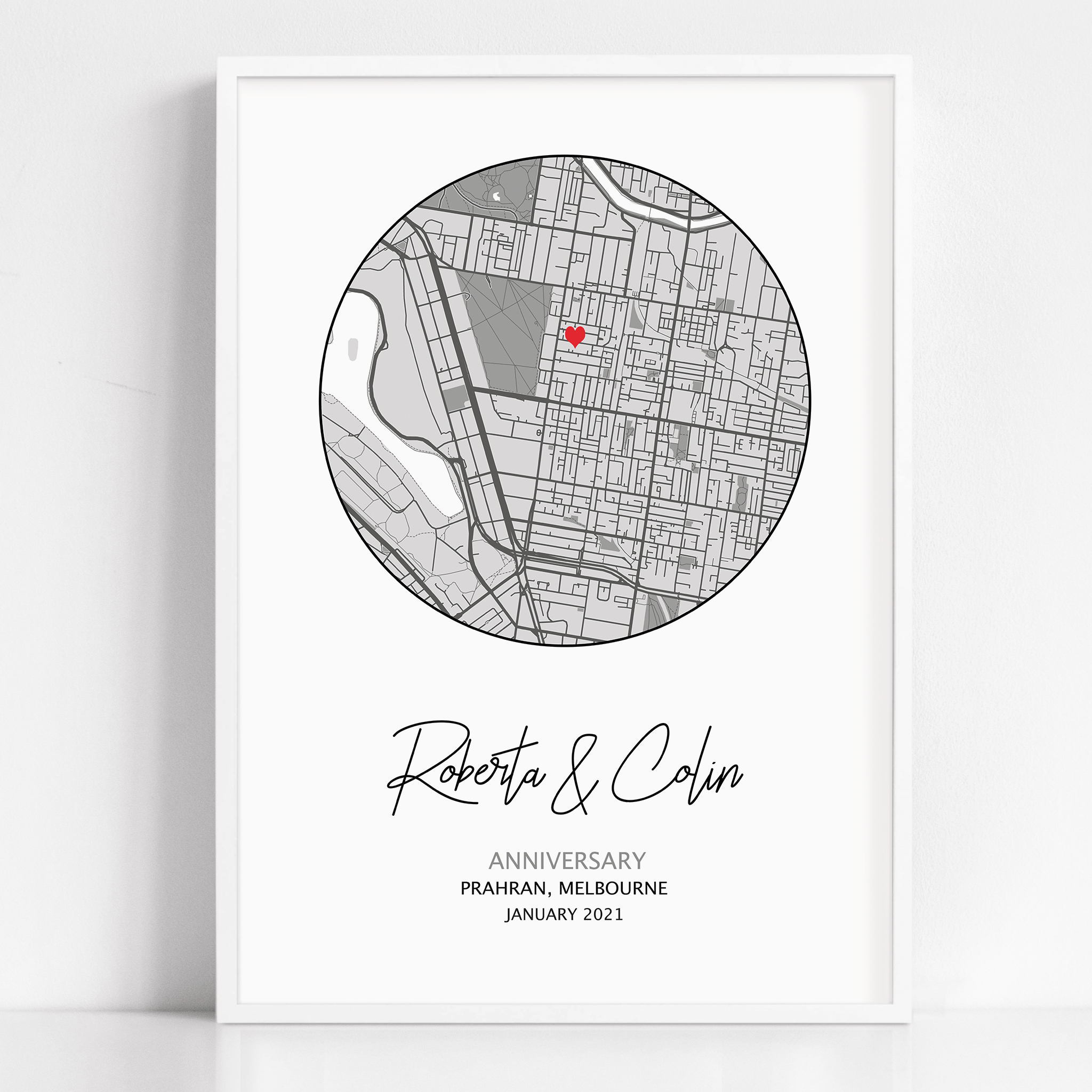 A framed custom map print that shows the Mark Your Moment anniversary map gift. The design is purchased as a personalized gift as it’s unique to your date and location.