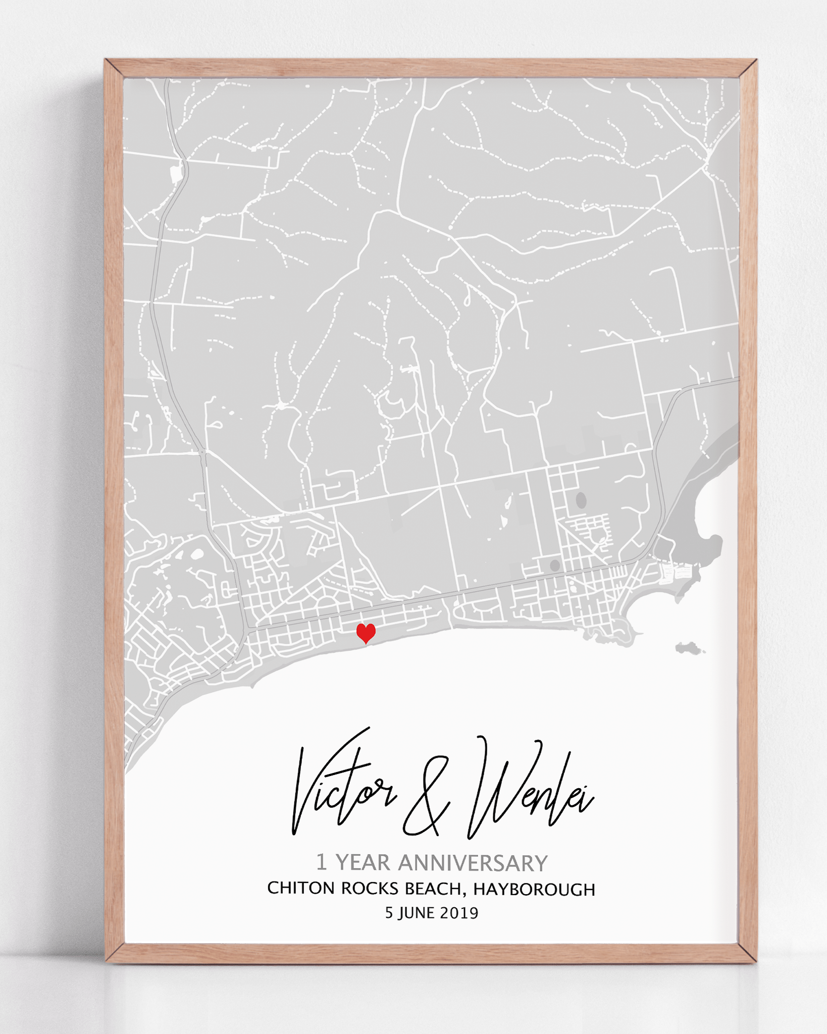 A 1 year anniversary gift framed print with a custom map to your location