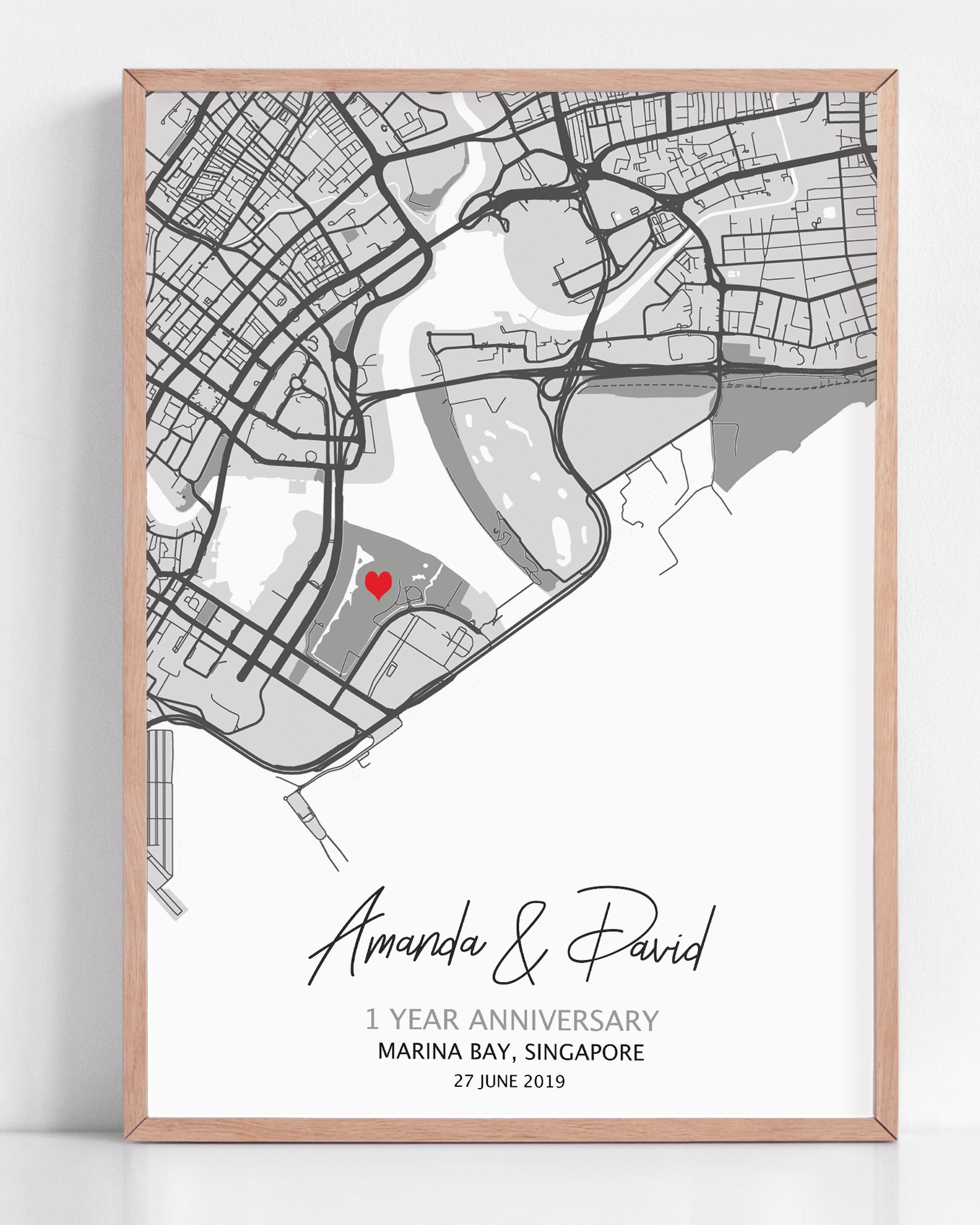 A paper anniversary gift idea which is a custom map print showcasing 1 year anniversary gift text