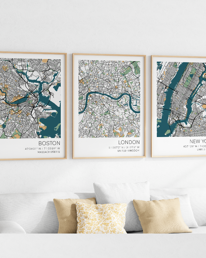 set of 3 city map prints of locations around the world custom prosters