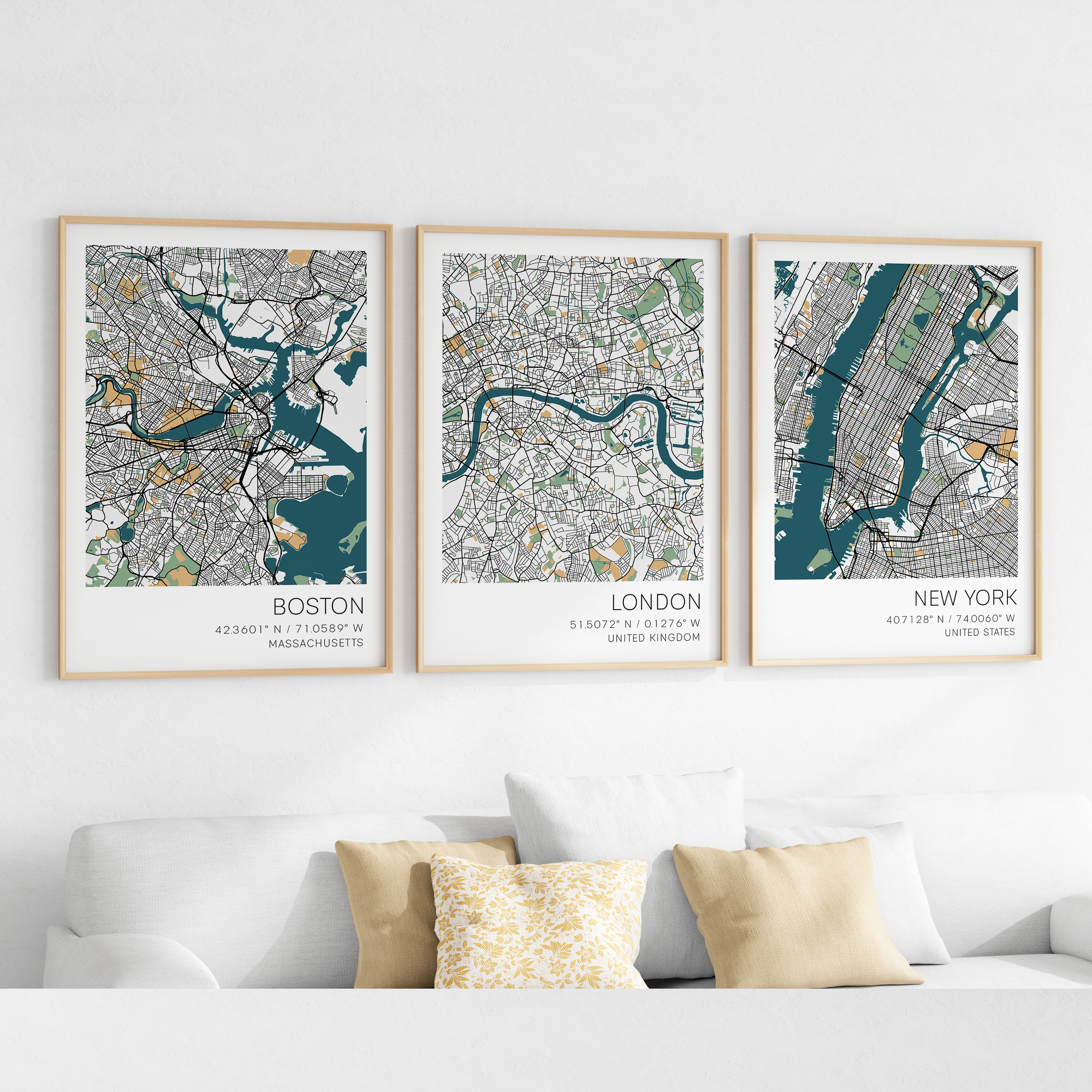 set of 3 city map prints of locations around the world custom prosters