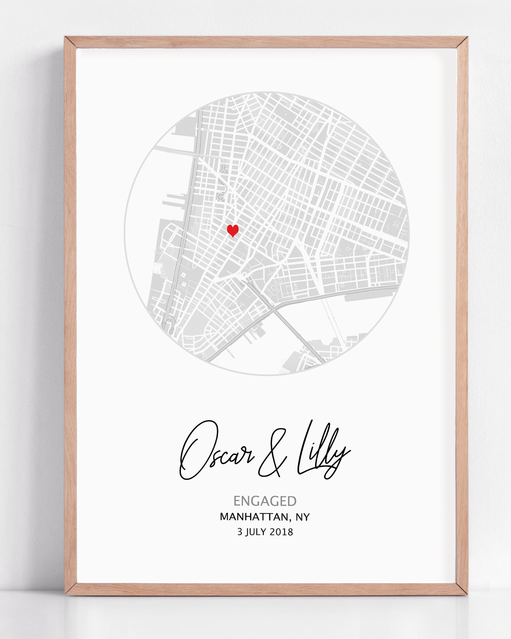 Personalized Engagement Circle Map Print featuring custom location, names, and date in a minimalist circular design, ideal engagement gift and wall décor.