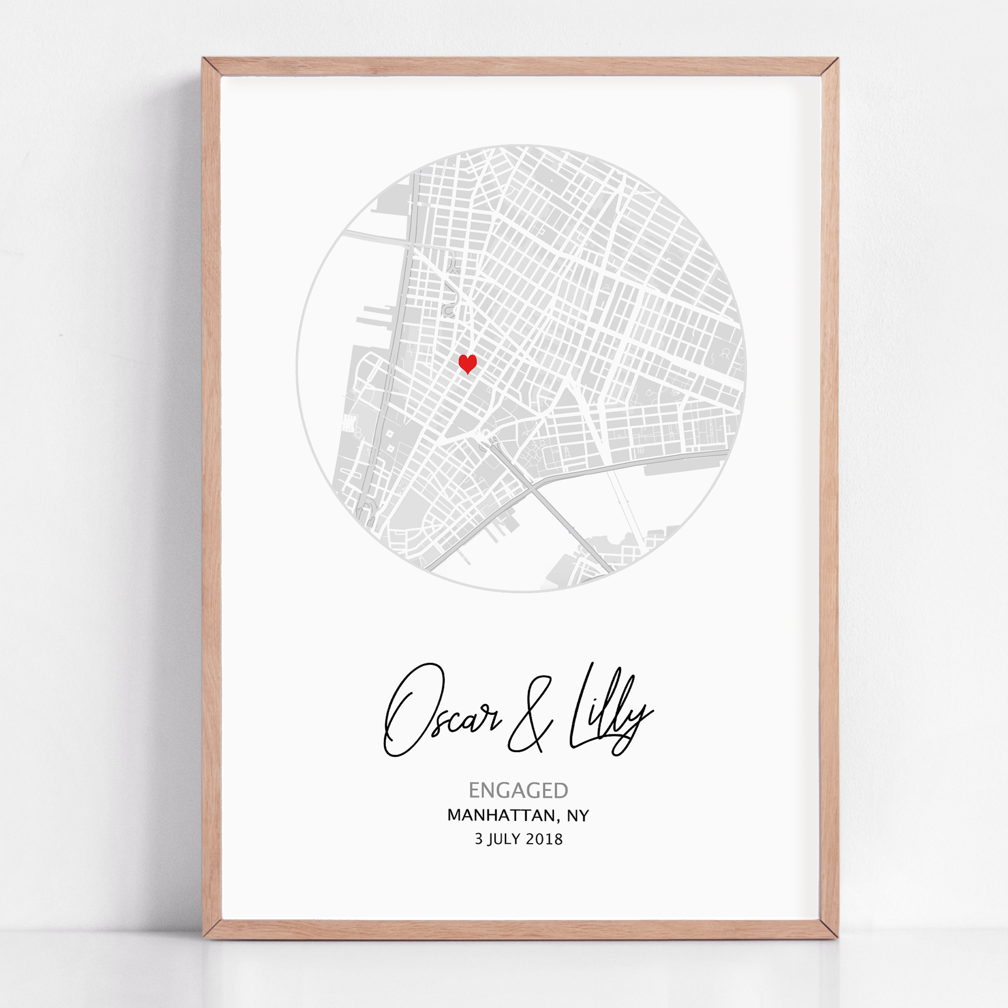 Personalized Engagement Circle Map Print featuring custom location, names, and date in a minimalist circular design, ideal engagement gift and wall décor.
