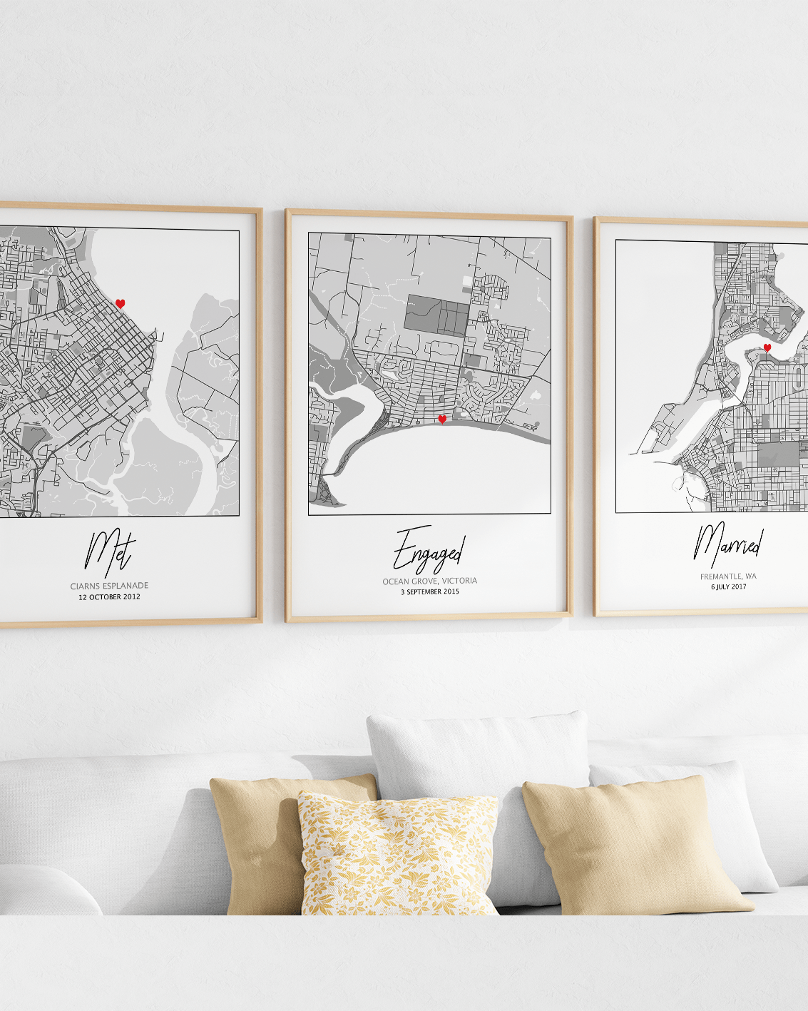 met engaged married framed artwork of custom map prints