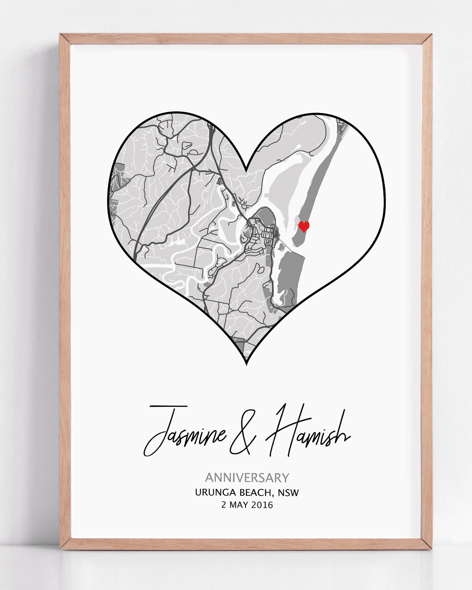 This custom map print shows the personalised anniversary gift. The design is unique to your date, location and is purchased as a personalized gift.