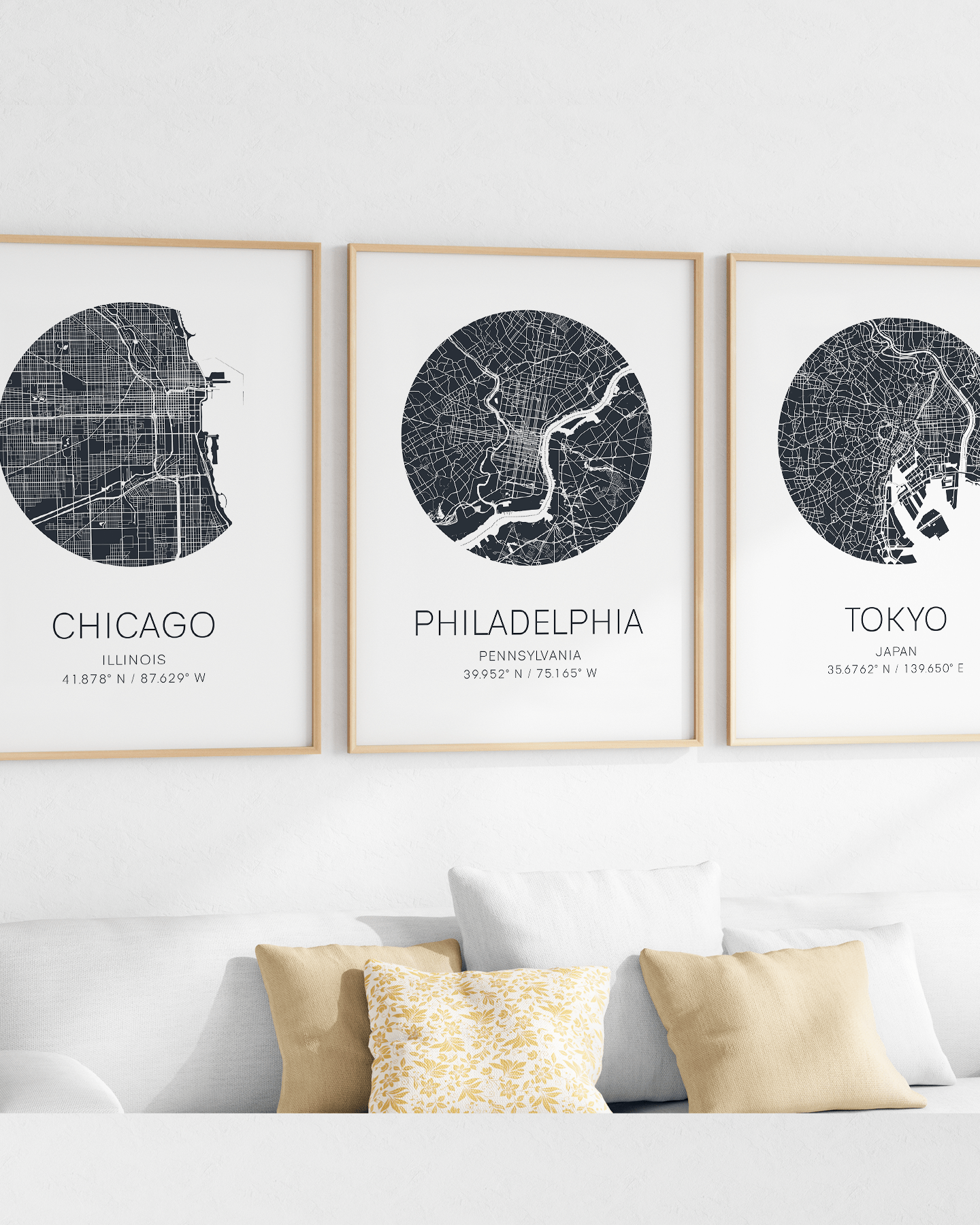 chicago city map, philadelphia city map, tokyo city map print framed art