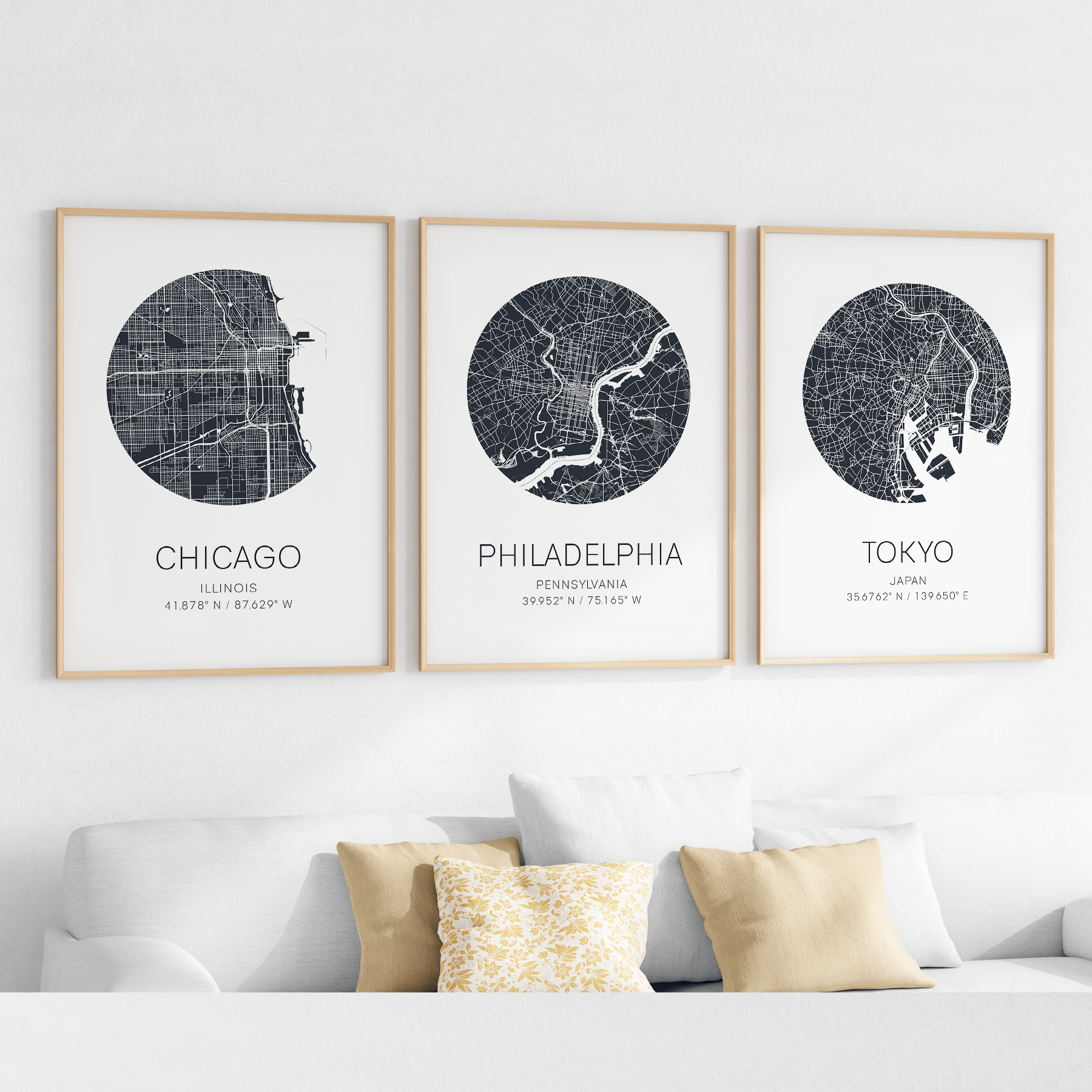 chicago city map, philadelphia city map, tokyo city map print framed art