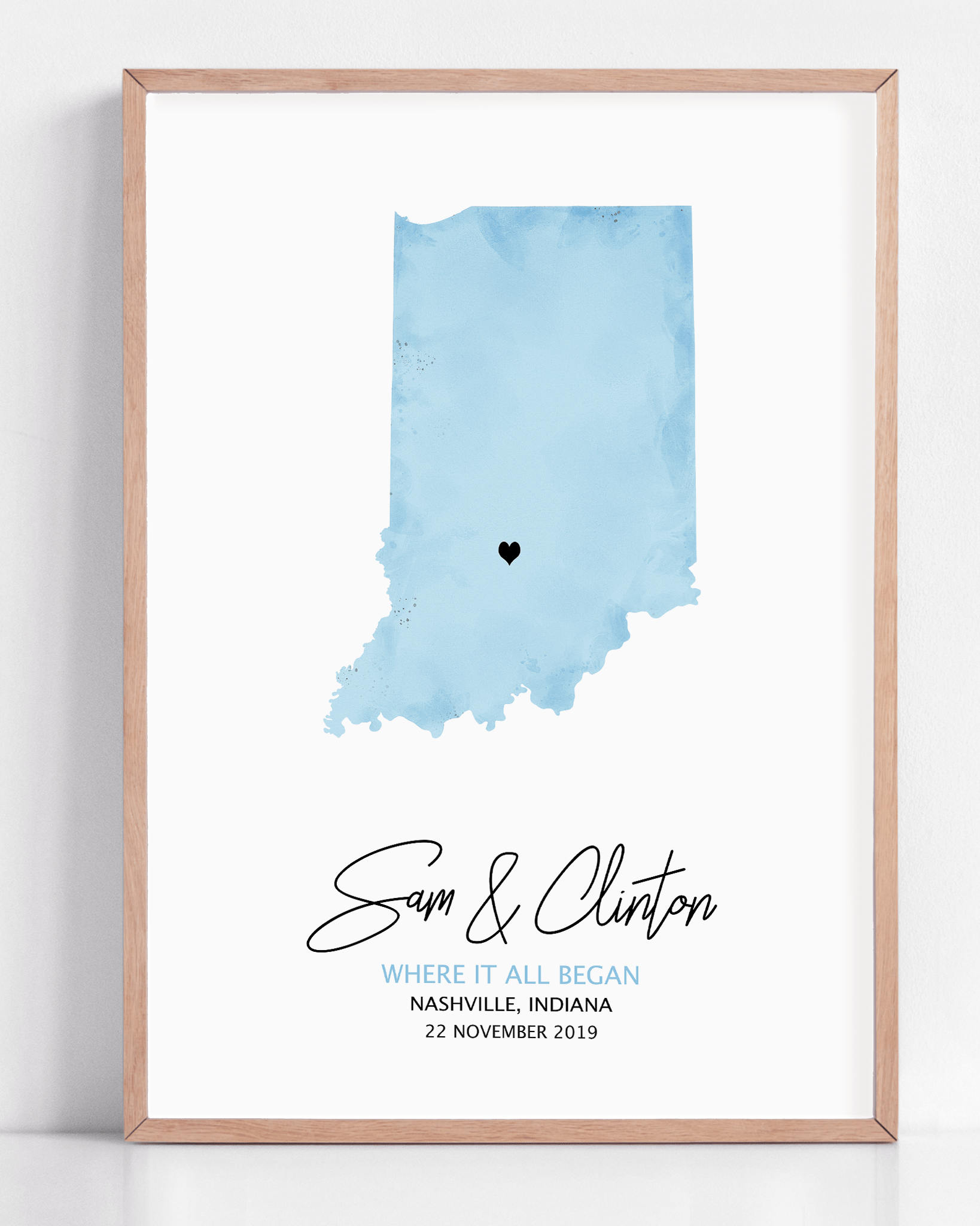 Custom watercolour map art showing the location where our love story began, with personalized names and date.