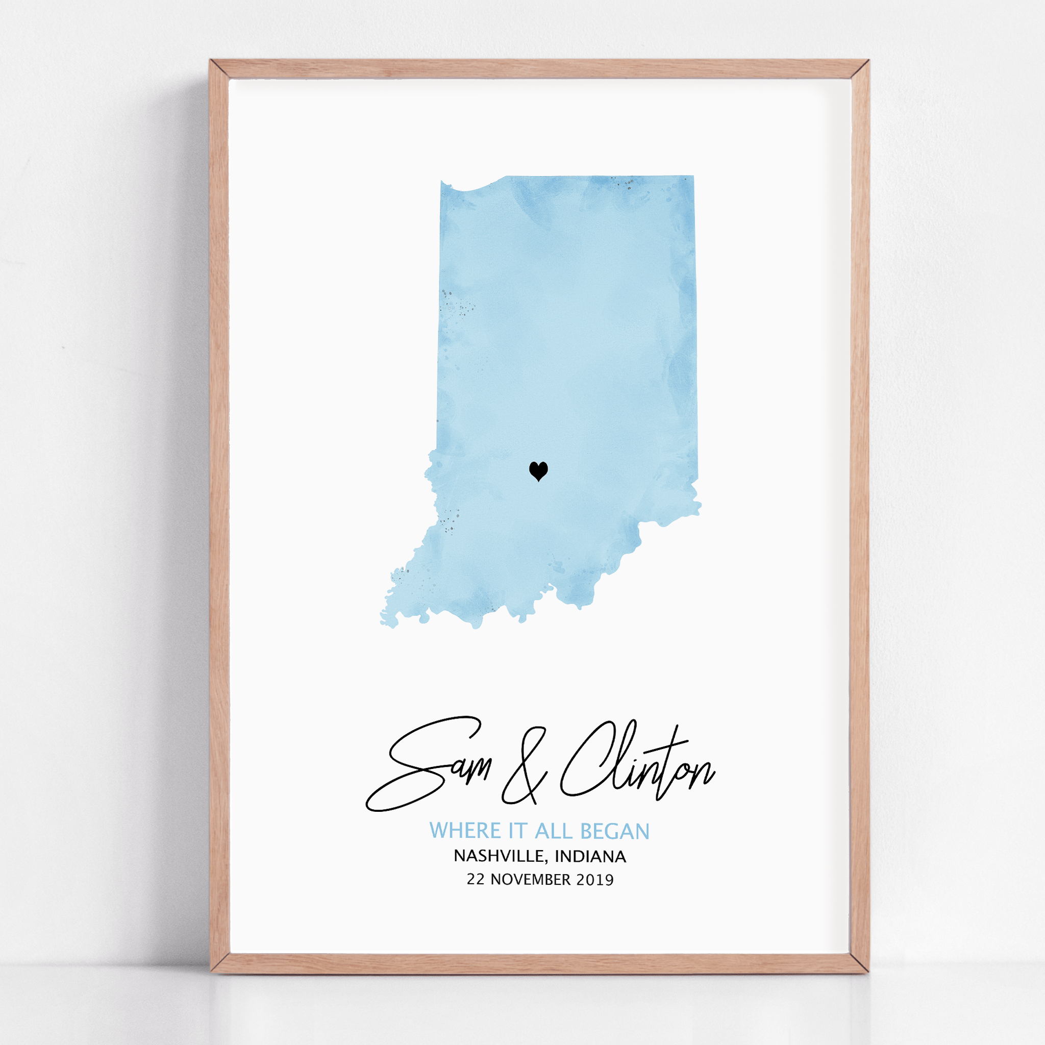 Custom watercolour map art showing the location where our love story began, with personalized names and date.