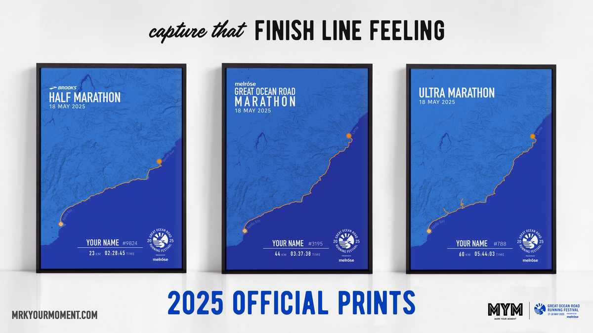 Mark Your Moment Official 2025 Great Ocean Road Running Festival Prints for the Marathon, Half Marathon and Ultra Marathon