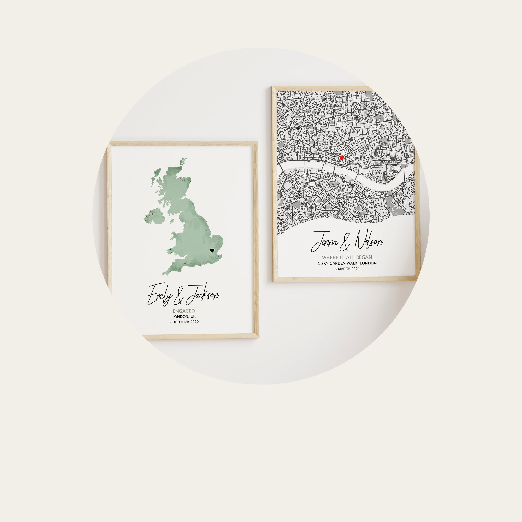 custom gifts on a cabinet, framed maps 