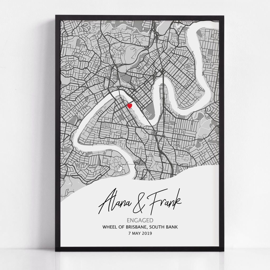 Engagement Prints customised to your style using a map and personalized text
