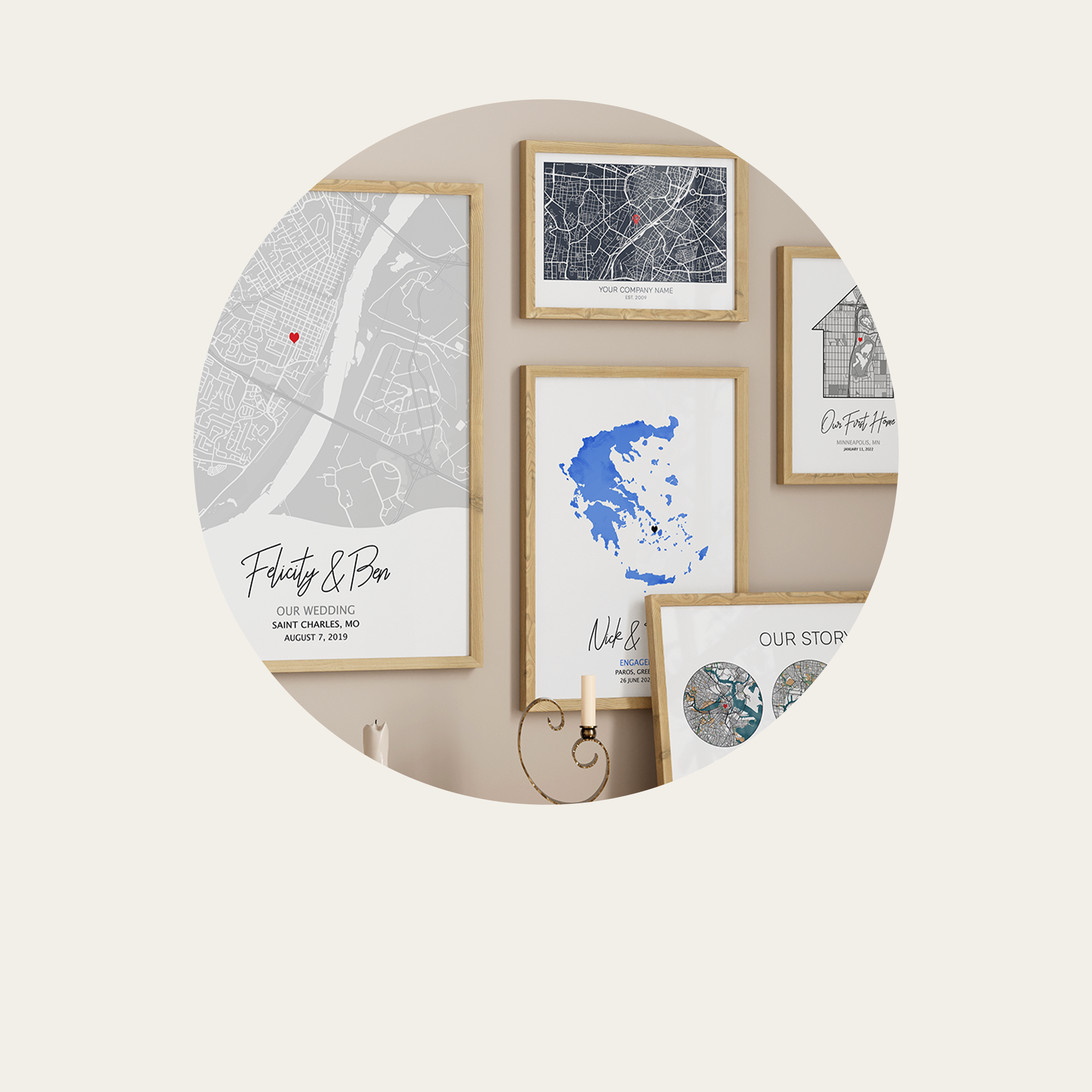 Top Personalized Gifts 2023, our our story print with 3 circles for met, engaged , married maps