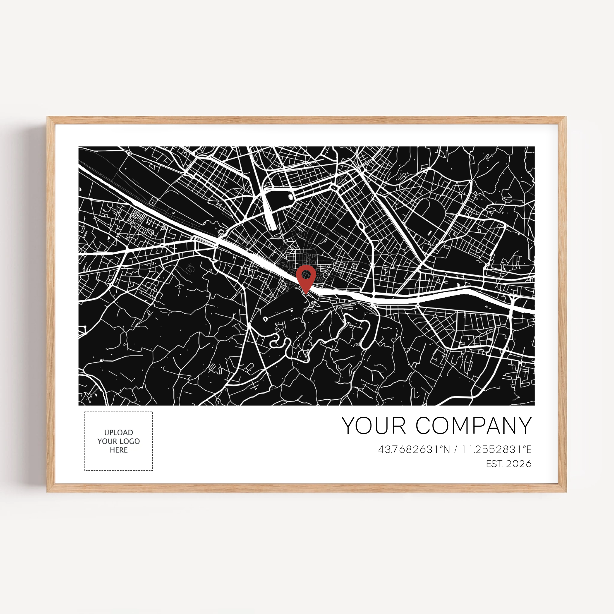 Custom company anniversary map print showing the business founding location