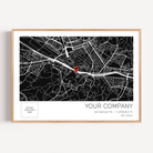 Custom company anniversary map print showing the business founding location
