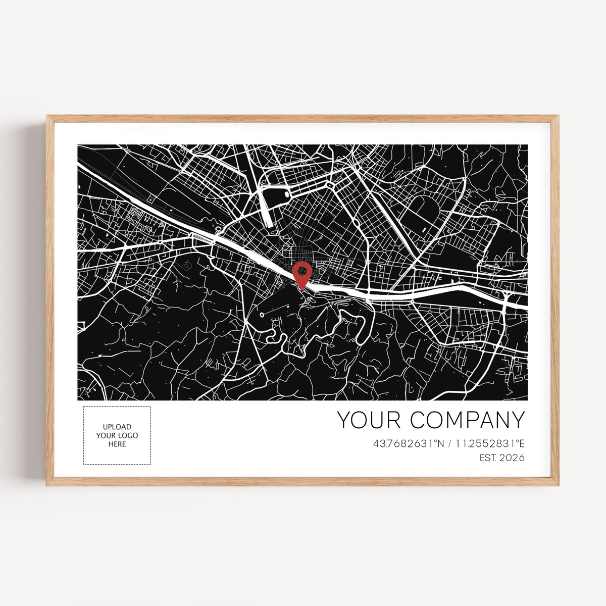 Custom company anniversary map print showing the business founding location