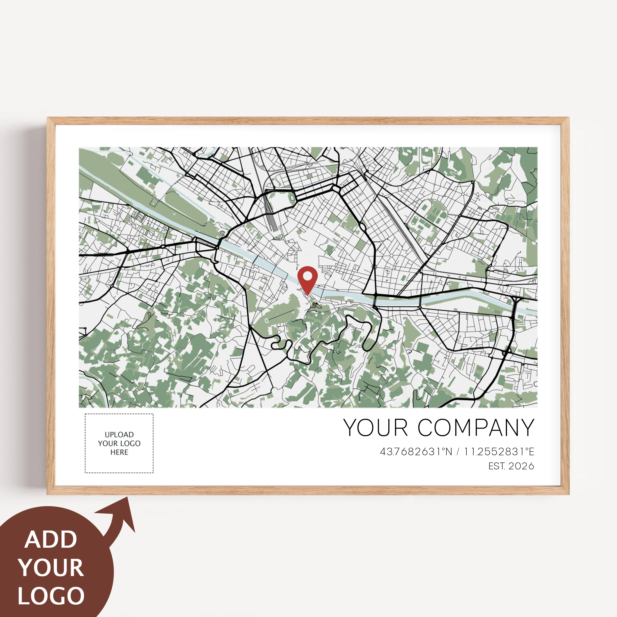 Company anniversary gift featuring a custom location map and business details and logo upload
