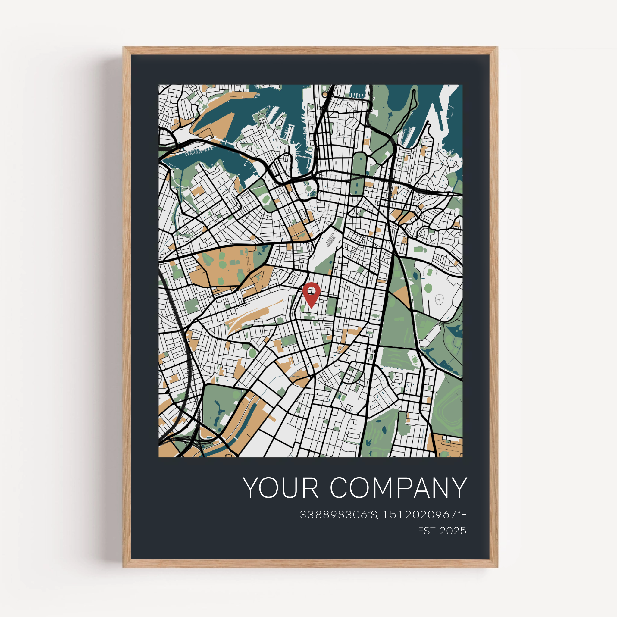 Custom company anniversary map print showing the business founding location