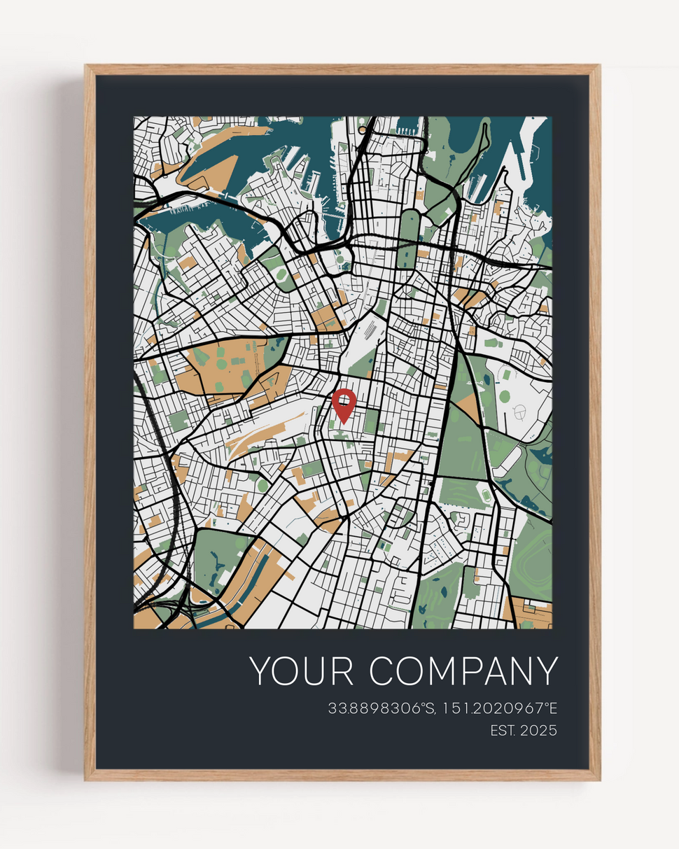 Custom company anniversary map print showing the business founding location